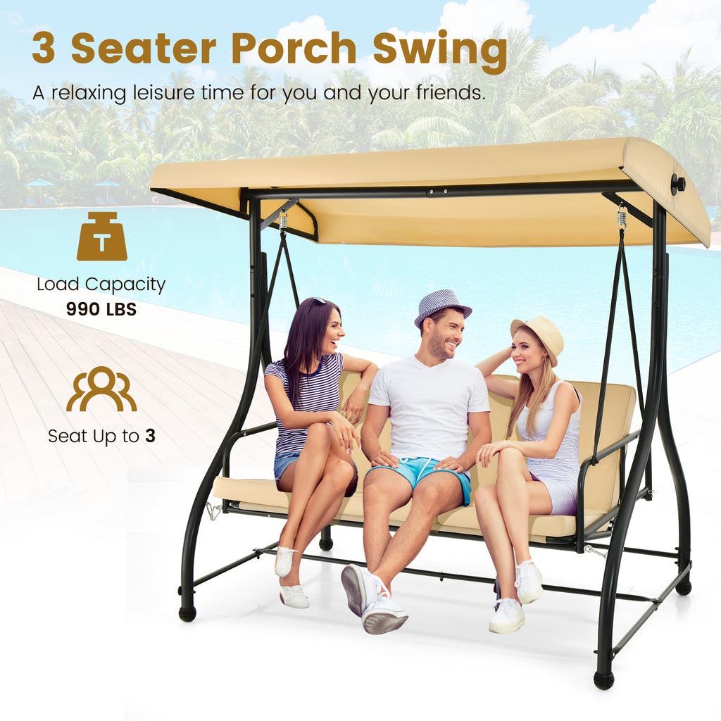 3 Seat Porch Swing with Adjustable Canopy - 57" x 20", Beige