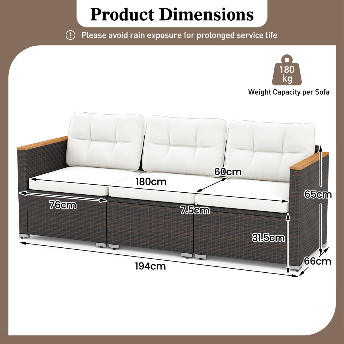 3-Seat Patio Couch Sofa with Deep Seating and Cushion