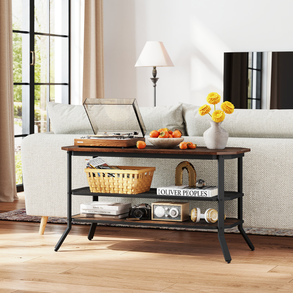 3-Tier Industrial TV Stand with Storage Shelves for 46 Inch – Rustic Brown