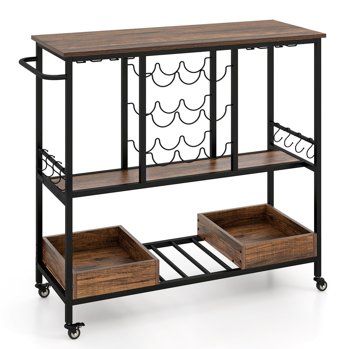 3-Tier Wine Bar Cart on Wheels with Glass Racks - Rustic Brown