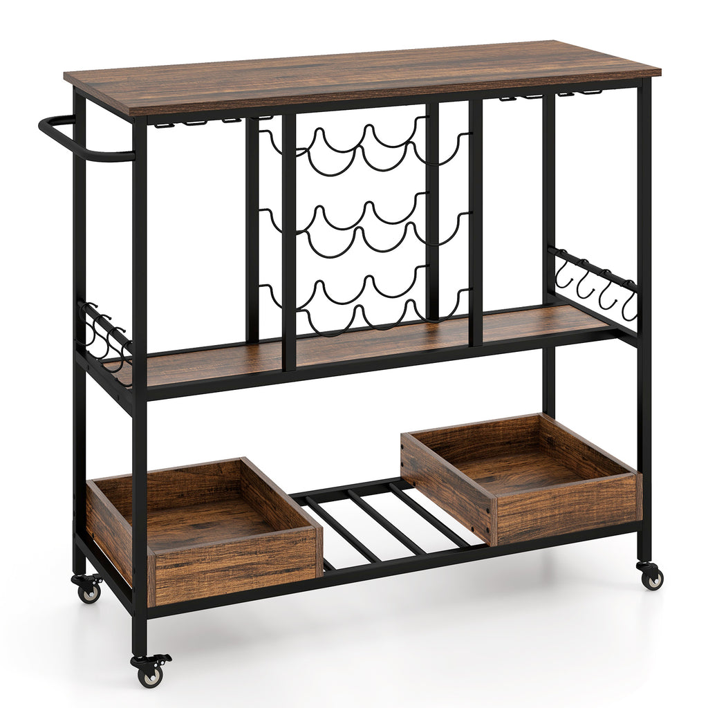 3-Tier Bar Cart on Wheels with Glass Racks, Rustic Brown
