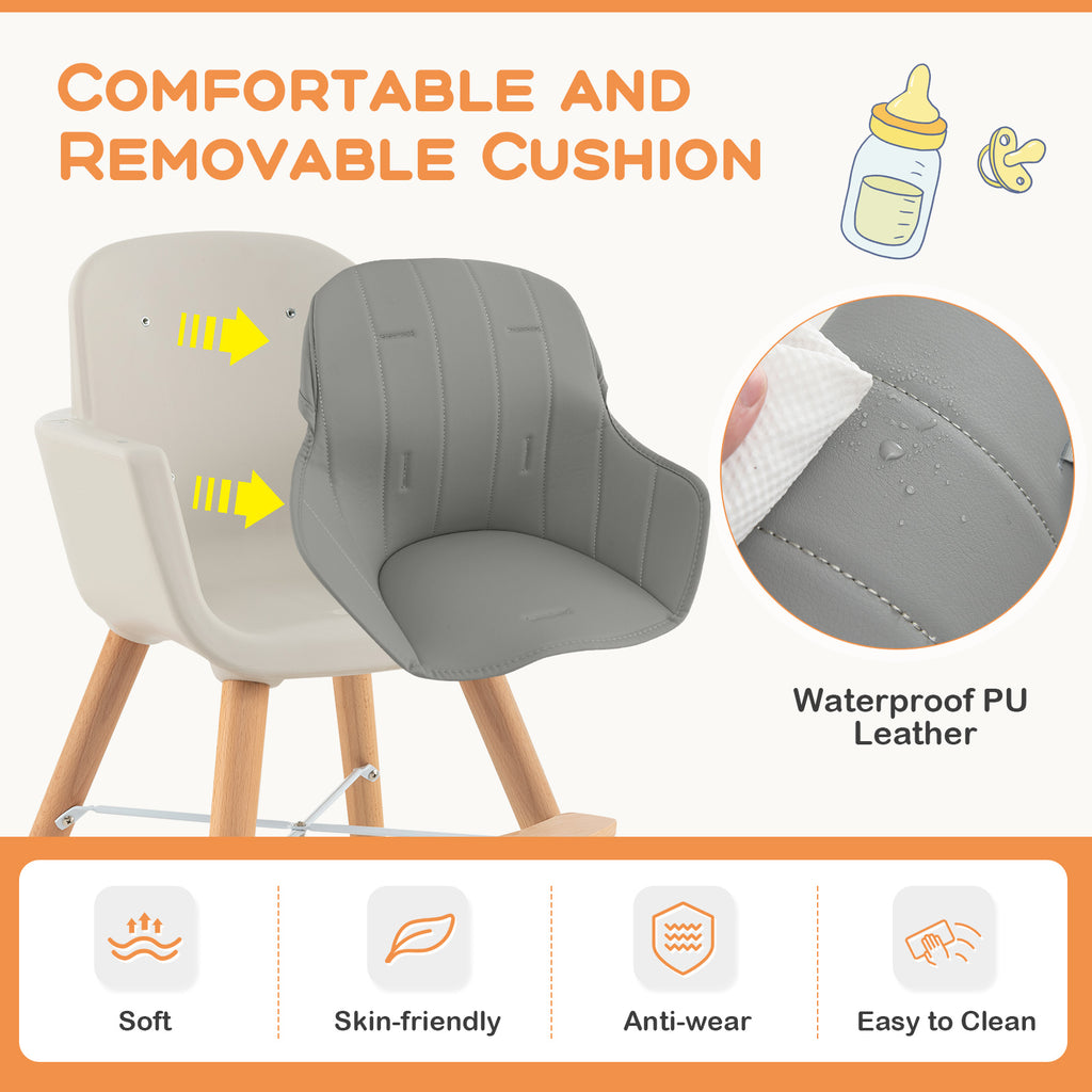 3-in-1 Convertible Wooden Baby High Chair with Cushion & Safety Features - Gray