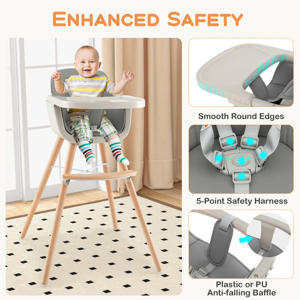 3-in-1 Convertible Wooden Baby High Chair with Cushion & Safety Features - Gray