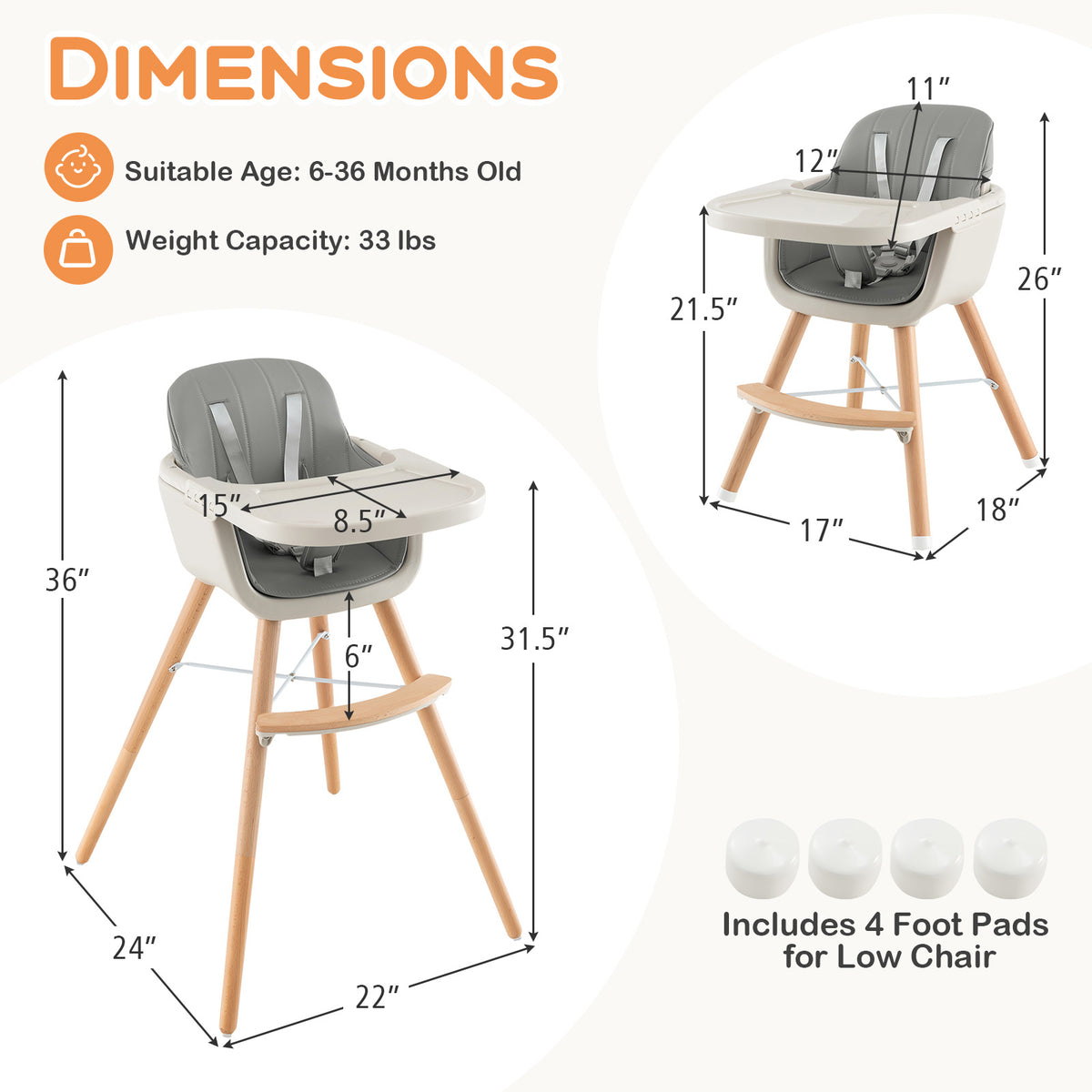 3-in-1 Convertible Wooden Baby High Chair with Cushion & Safety Features - Gray