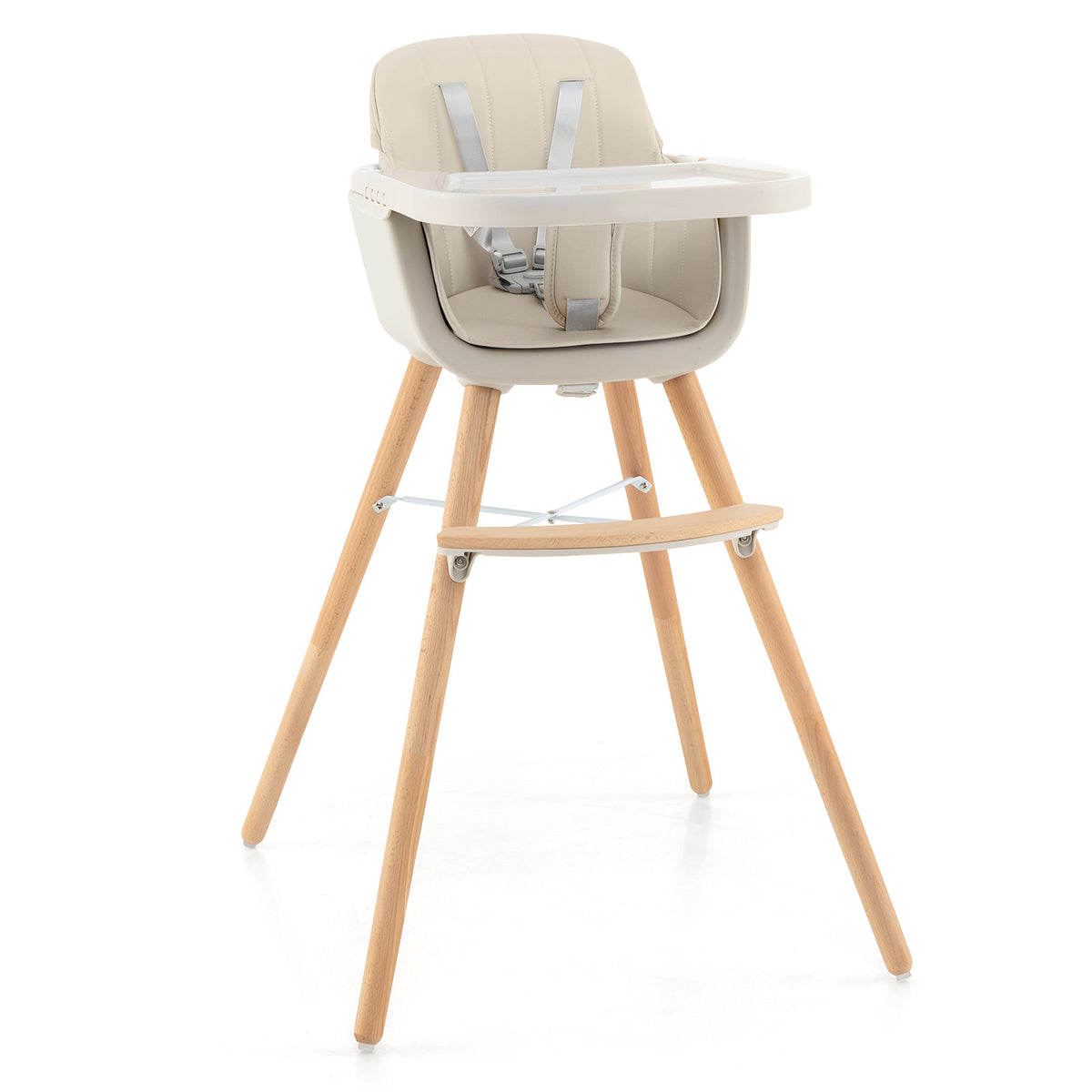 3-in-1 Convertible Wooden High Chair with Cushion - Toddler & Baby Seat, Beige