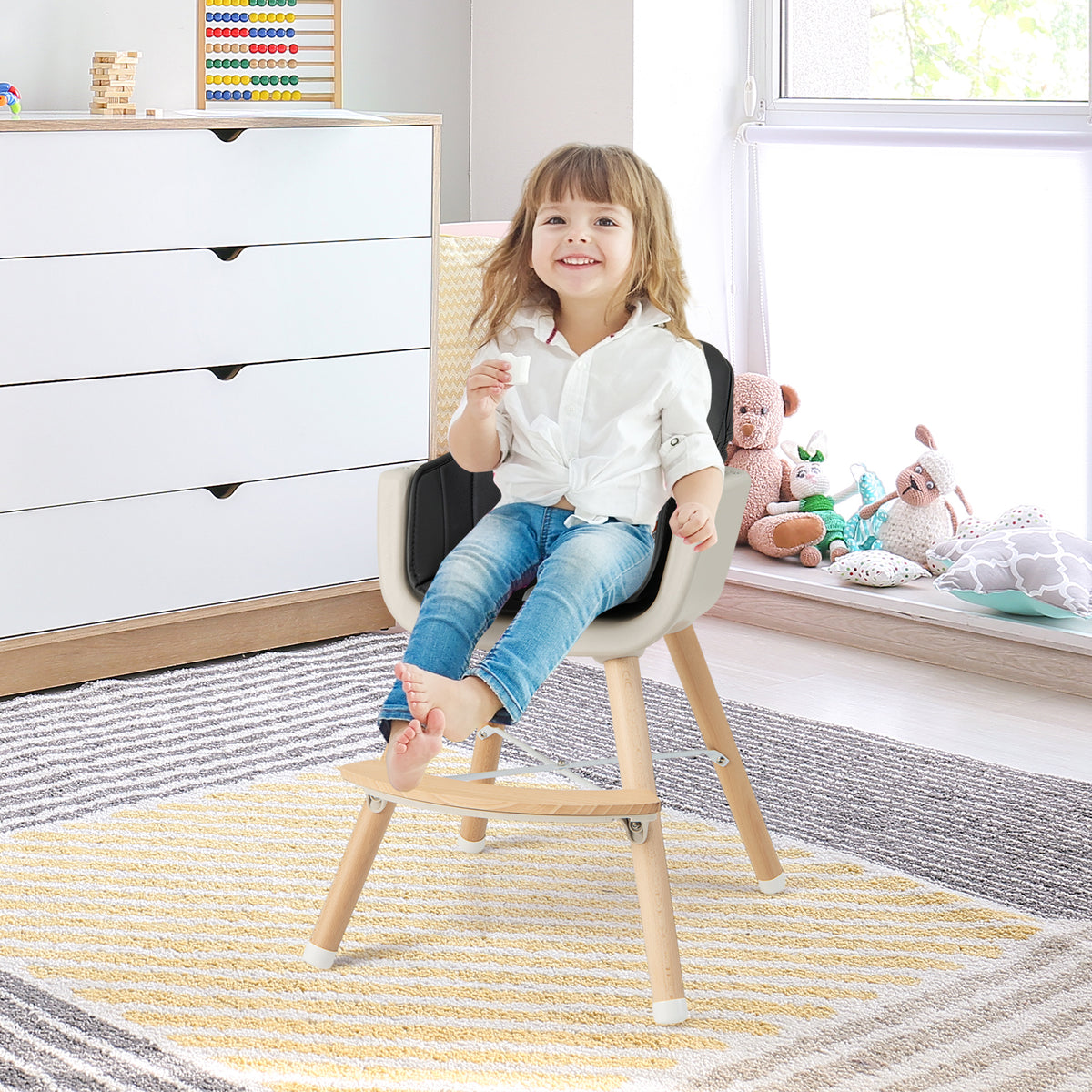 3-in-1 Wooden High Chair with Cushion - Convertible Baby Feeding Seat, Black - Variation of High Chair+Feeding Chair+Toddler Seat