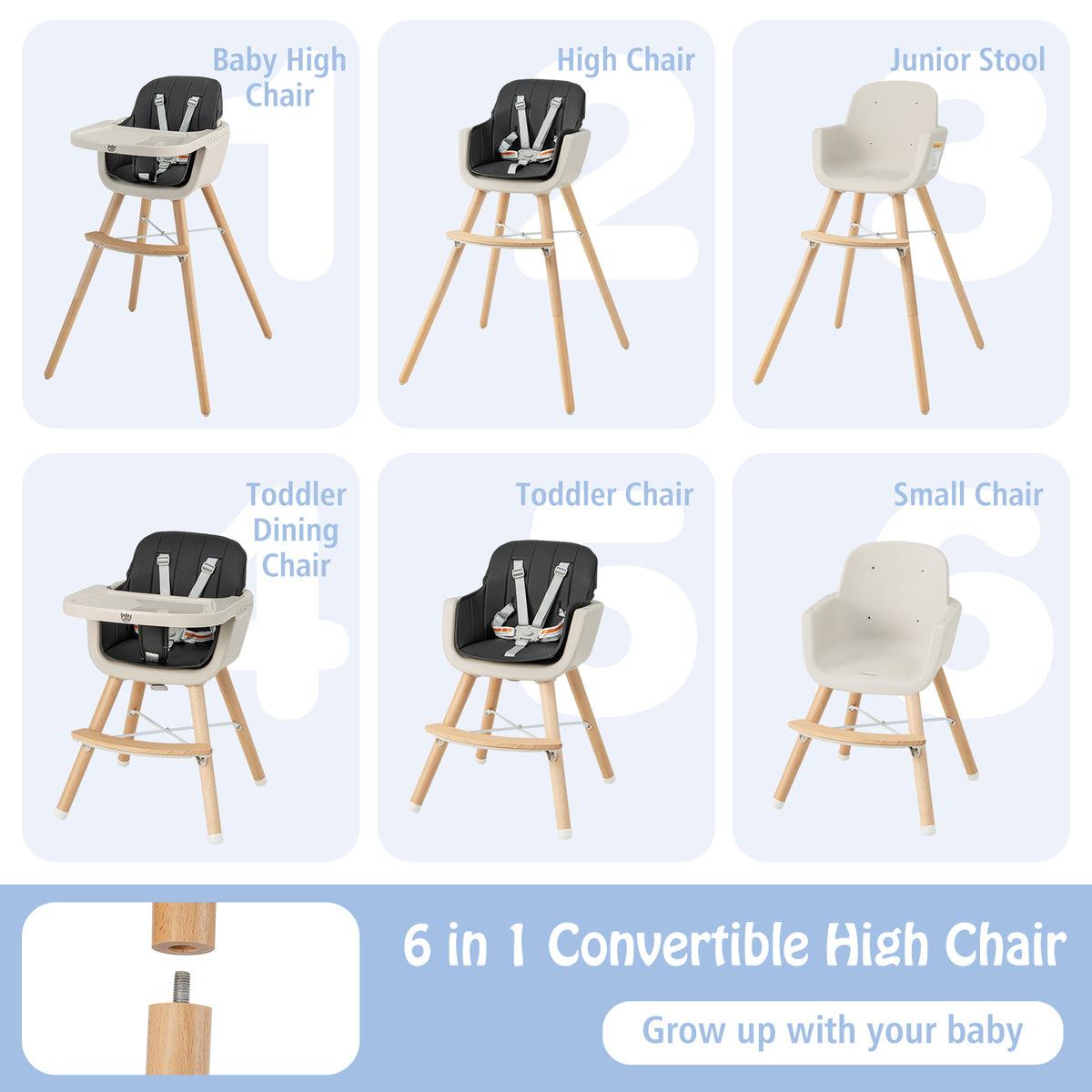 3-in-1 Wooden High Chair with Cushion - Convertible Baby Feeding Seat, Black - Variation of High Chair+Feeding Chair+Toddler Seat