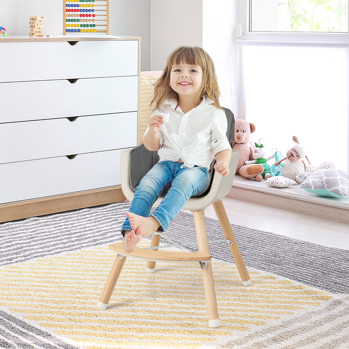 3-in-1 Convertible Wooden High Chair with Cushion - Toddler Seat & Feeding Chair, Light Gray