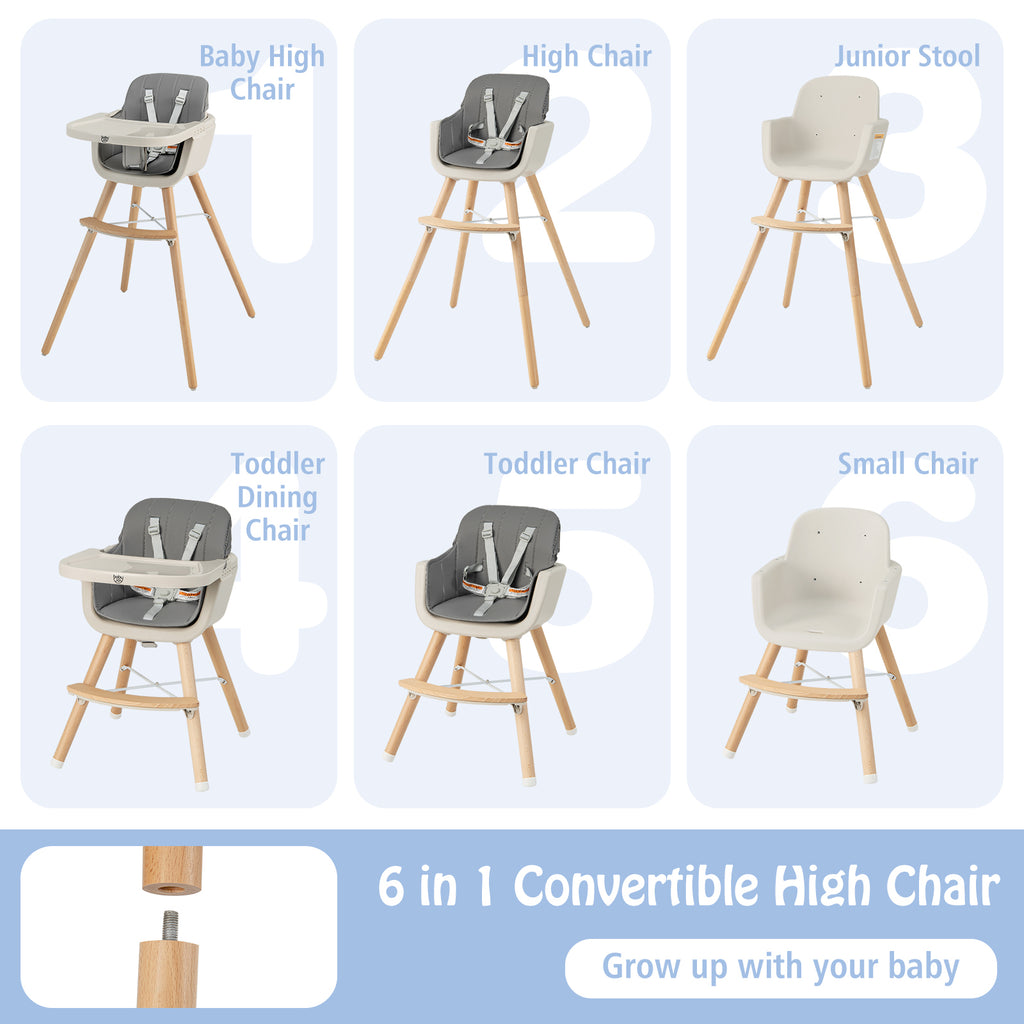 3-in-1 Convertible Wooden High Chair with Cushion - Toddler Seat & Feeding Chair, Light Gray