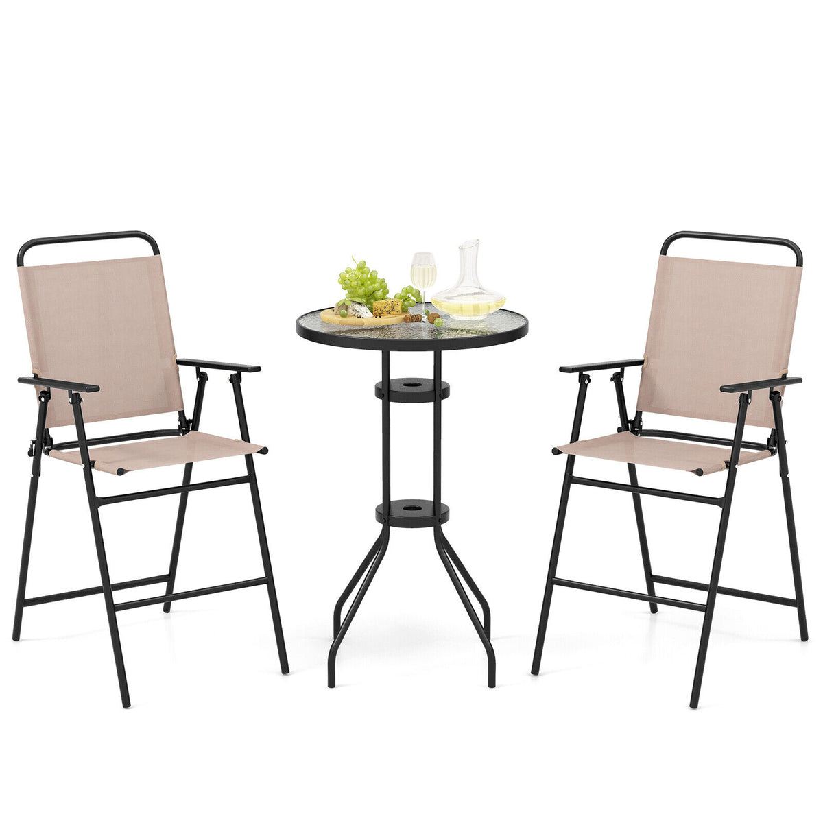 2 Patio Bar-Height Folding Chairs with Armrests - Beige