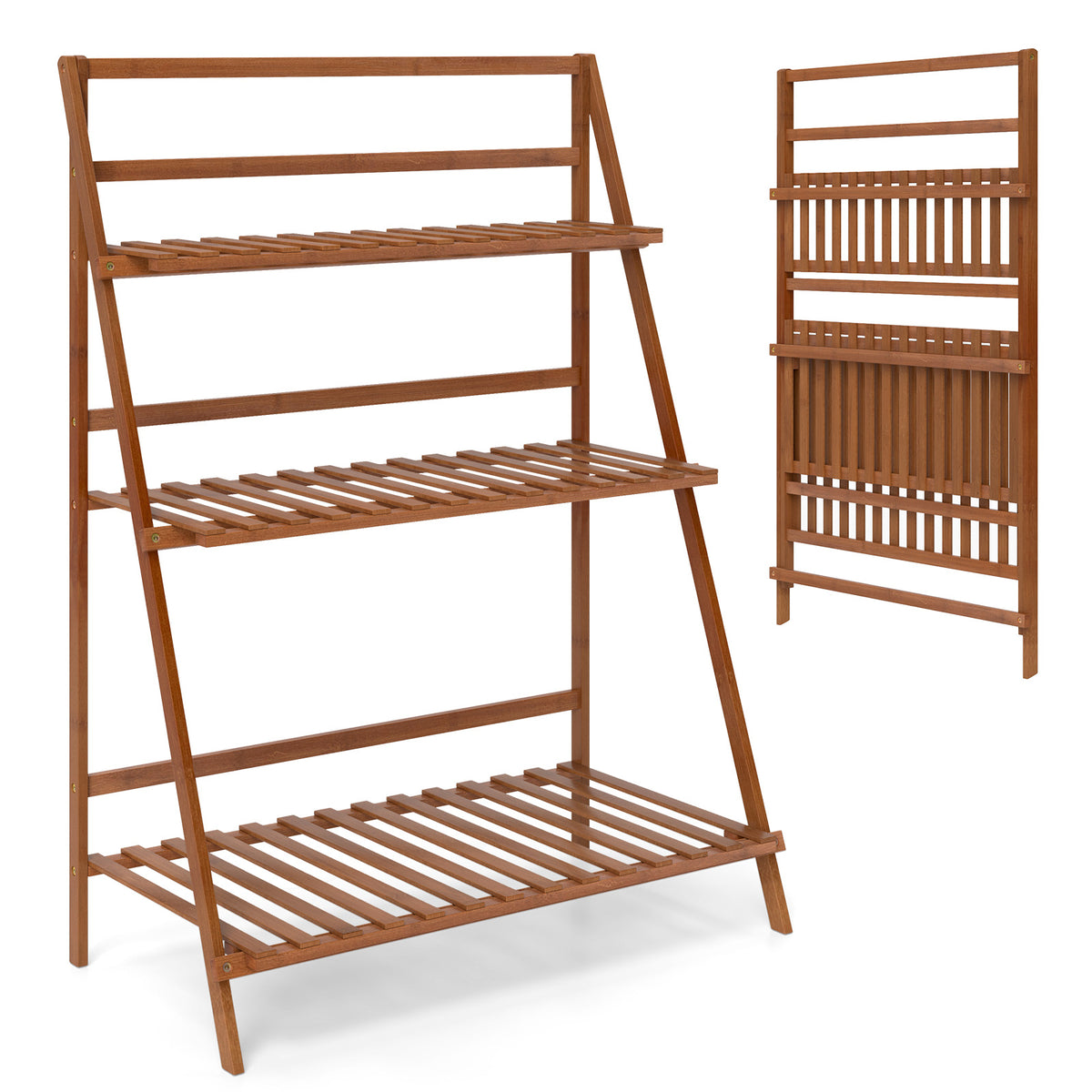 3-Tier Bamboo Ladder Shelf Foldable Plant Stand - Brown