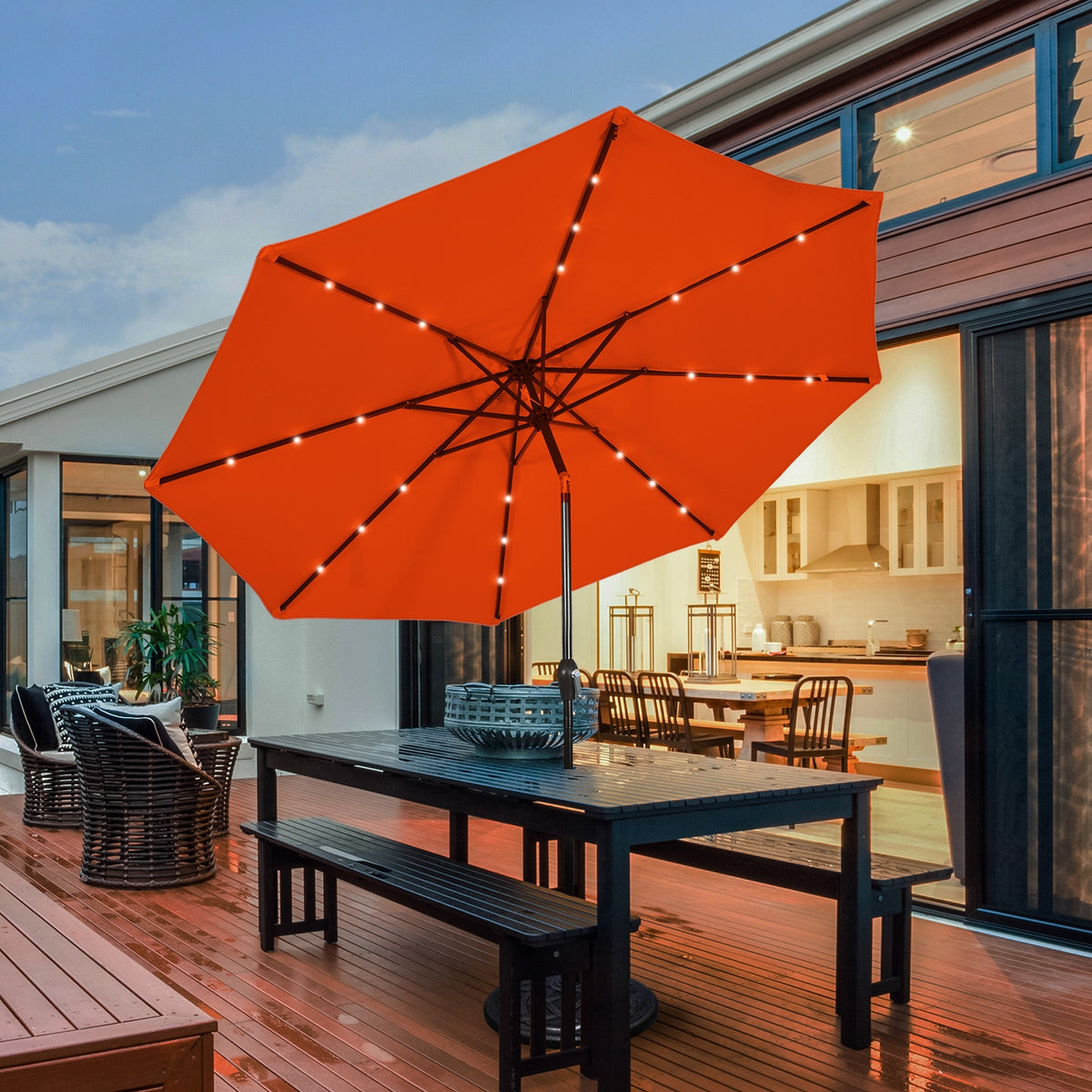 10 FT Patio Umbrella with 24 LED Solar Lights, Orange