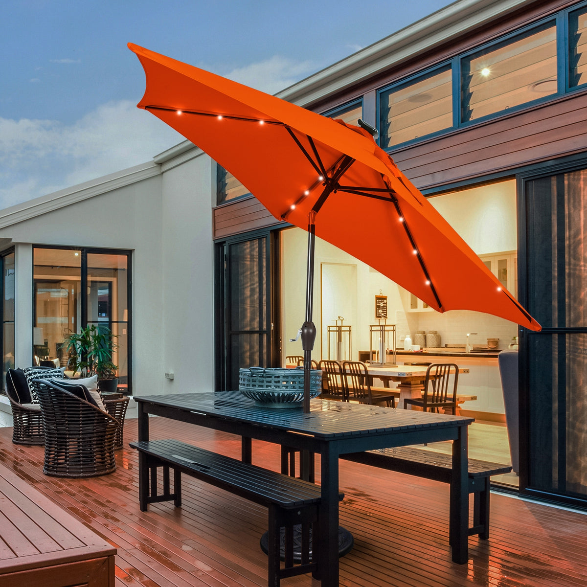 9 Feet Solar LED Lighted Patio Market Umbrella with Tilt Adjustment