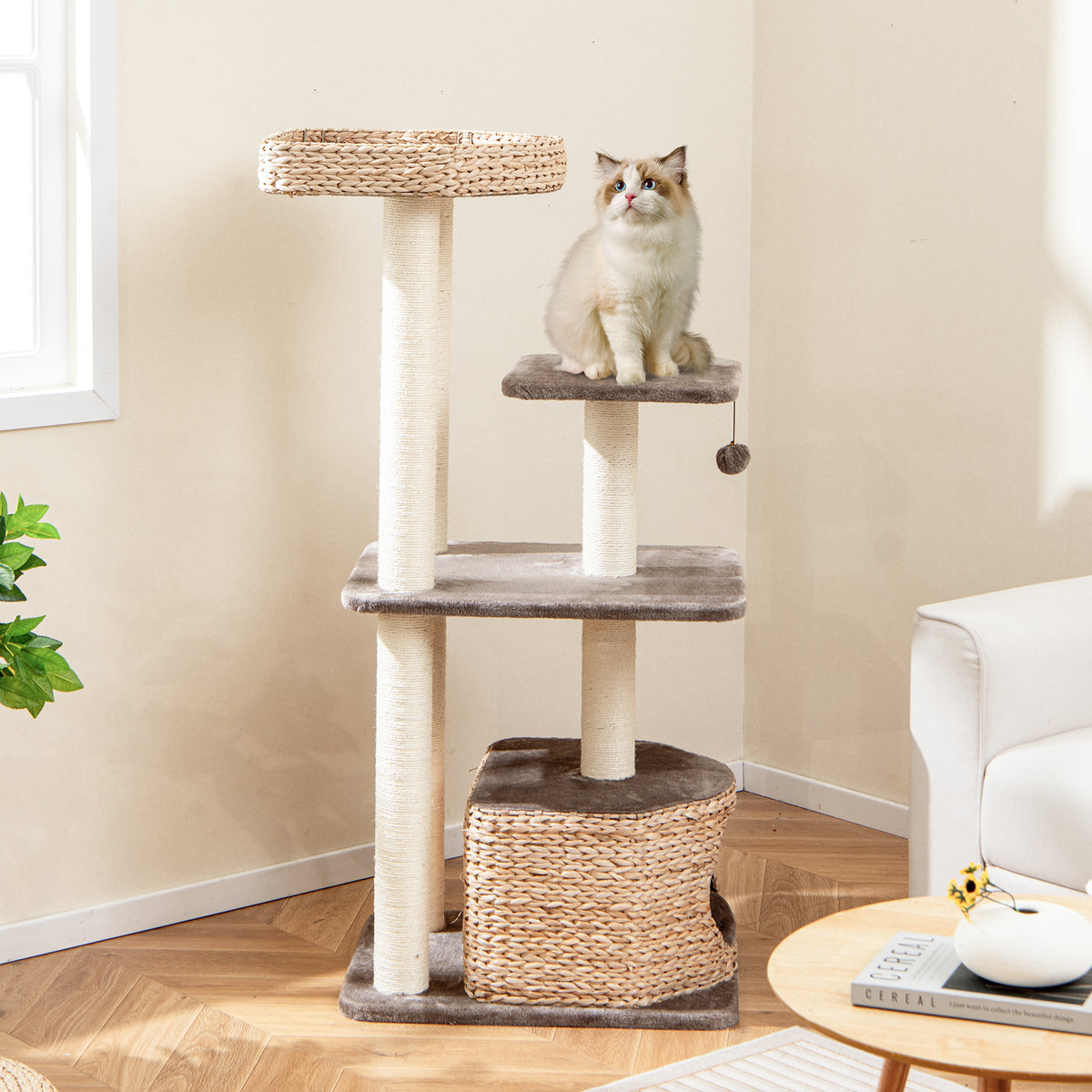 4-Layer Cat Tower with Scratching Posts and Washable Cushions - Coffee Variation