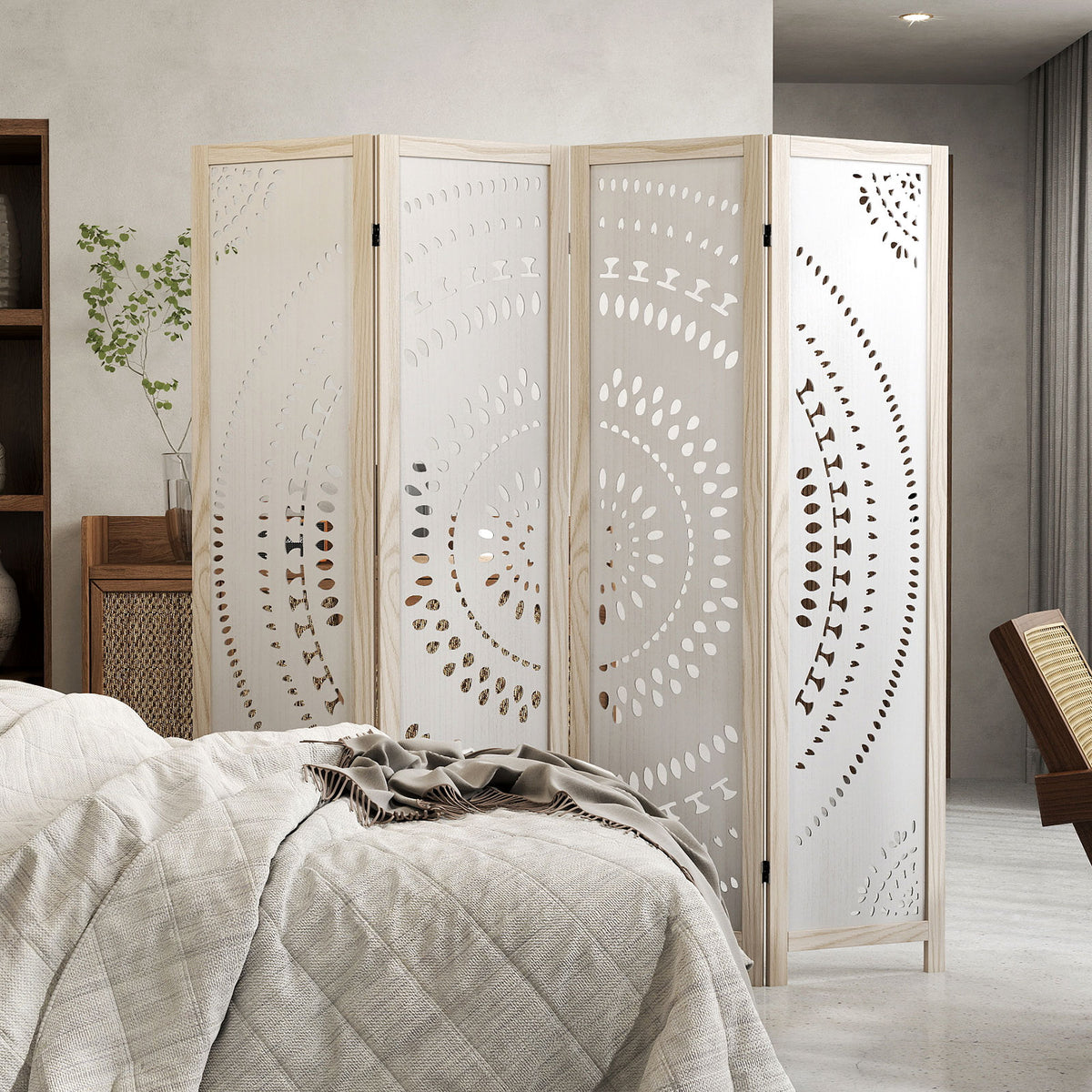 66-Inch Boho 4-Panel Room Divider Privacy Screen with Carved Pattern