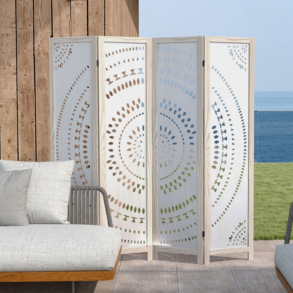66-Inch Boho 4-Panel Room Divider Privacy Screen with Carved Pattern