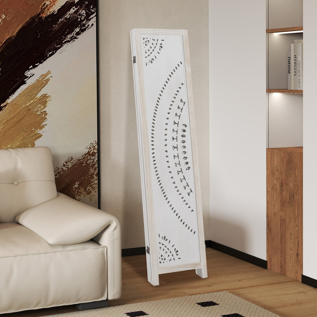 66-Inch Boho 4-Panel Room Divider Privacy Screen with Carved Pattern