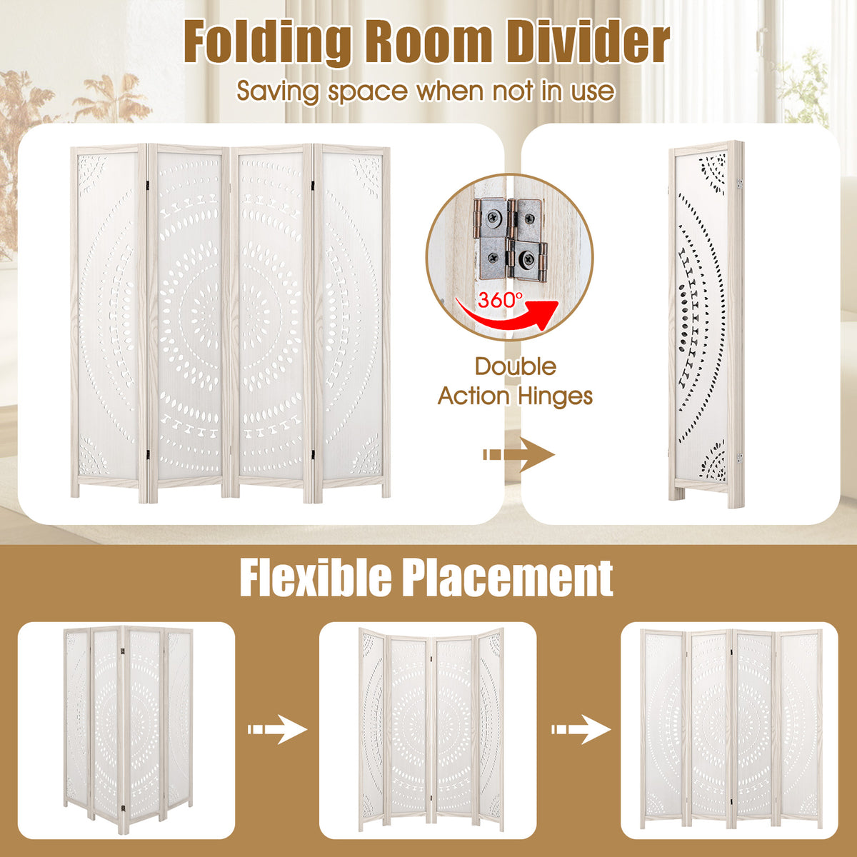 66-Inch Boho 4-Panel Room Divider Privacy Screen with Carved Pattern