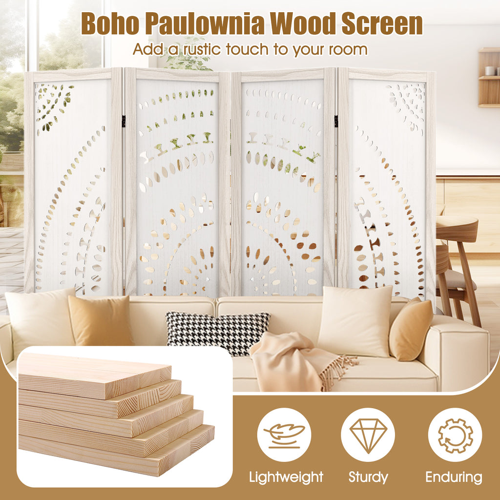 66-Inch Boho 4-Panel Room Divider Privacy Screen with Carved Pattern
