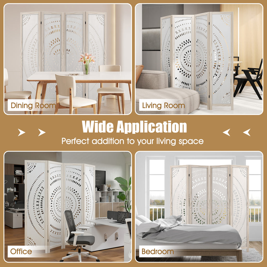 66-Inch Boho 4-Panel Room Divider Privacy Screen with Carved Pattern