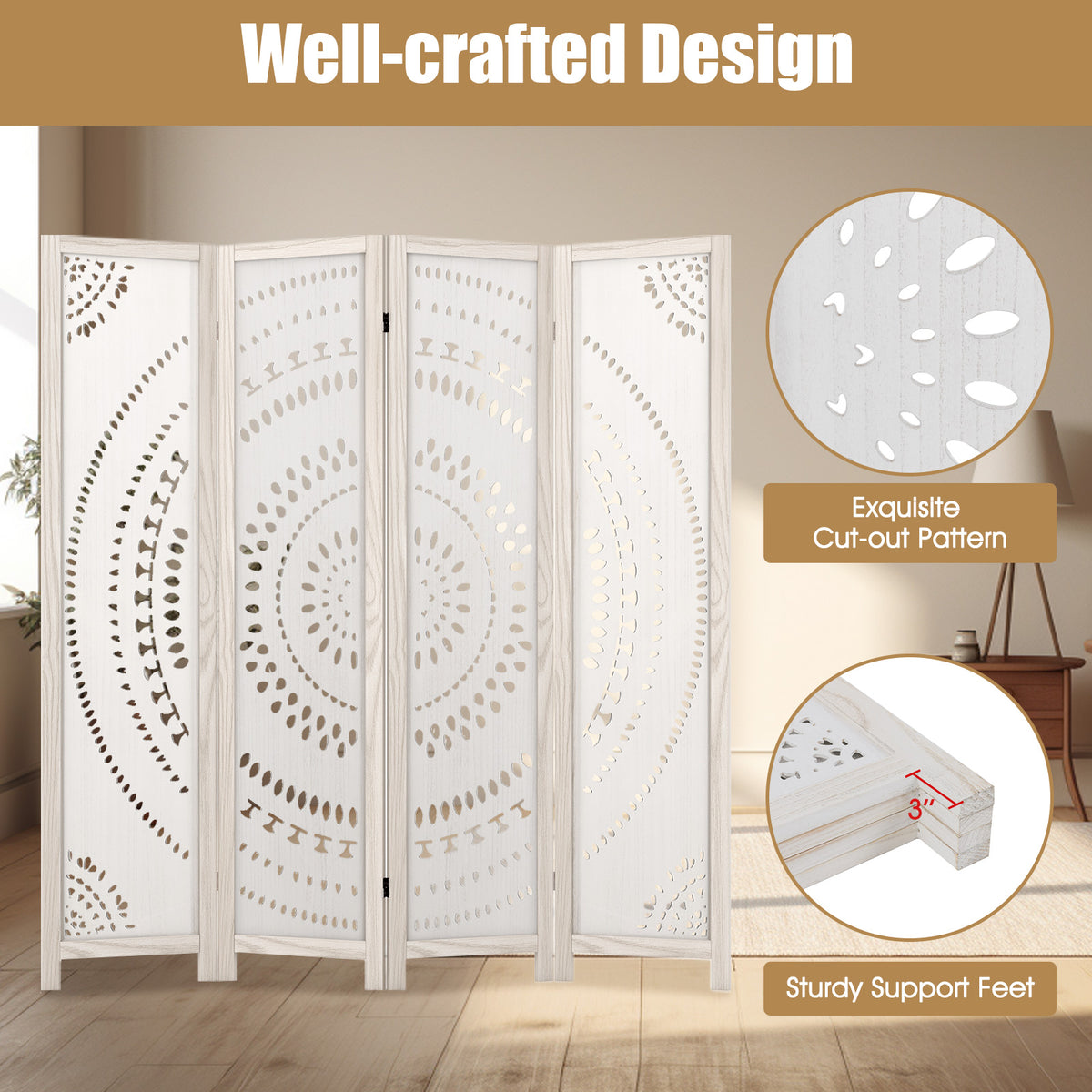 66-Inch Boho 4-Panel Room Divider Privacy Screen with Carved Pattern