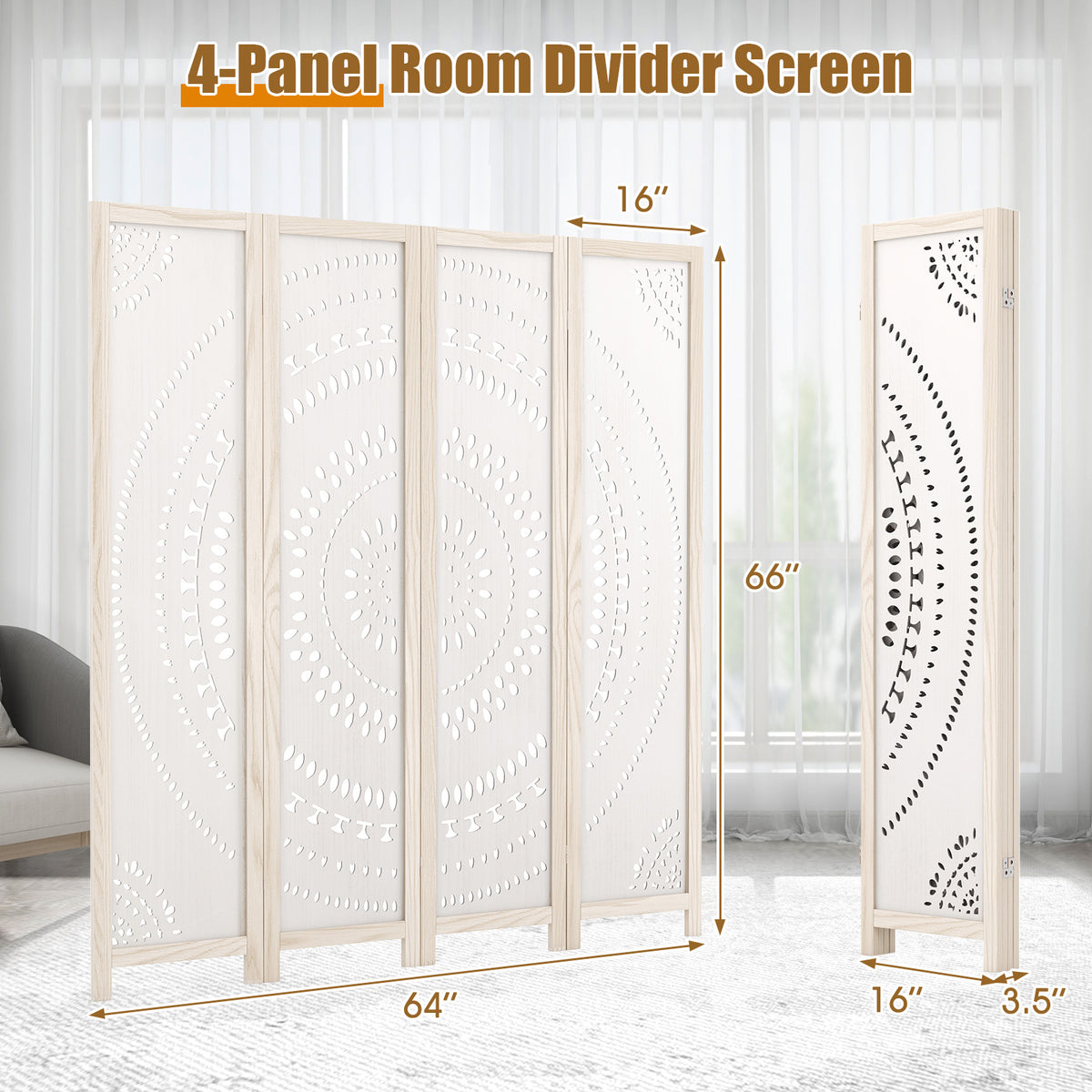 66-Inch Boho 4-Panel Room Divider Privacy Screen with Carved Pattern