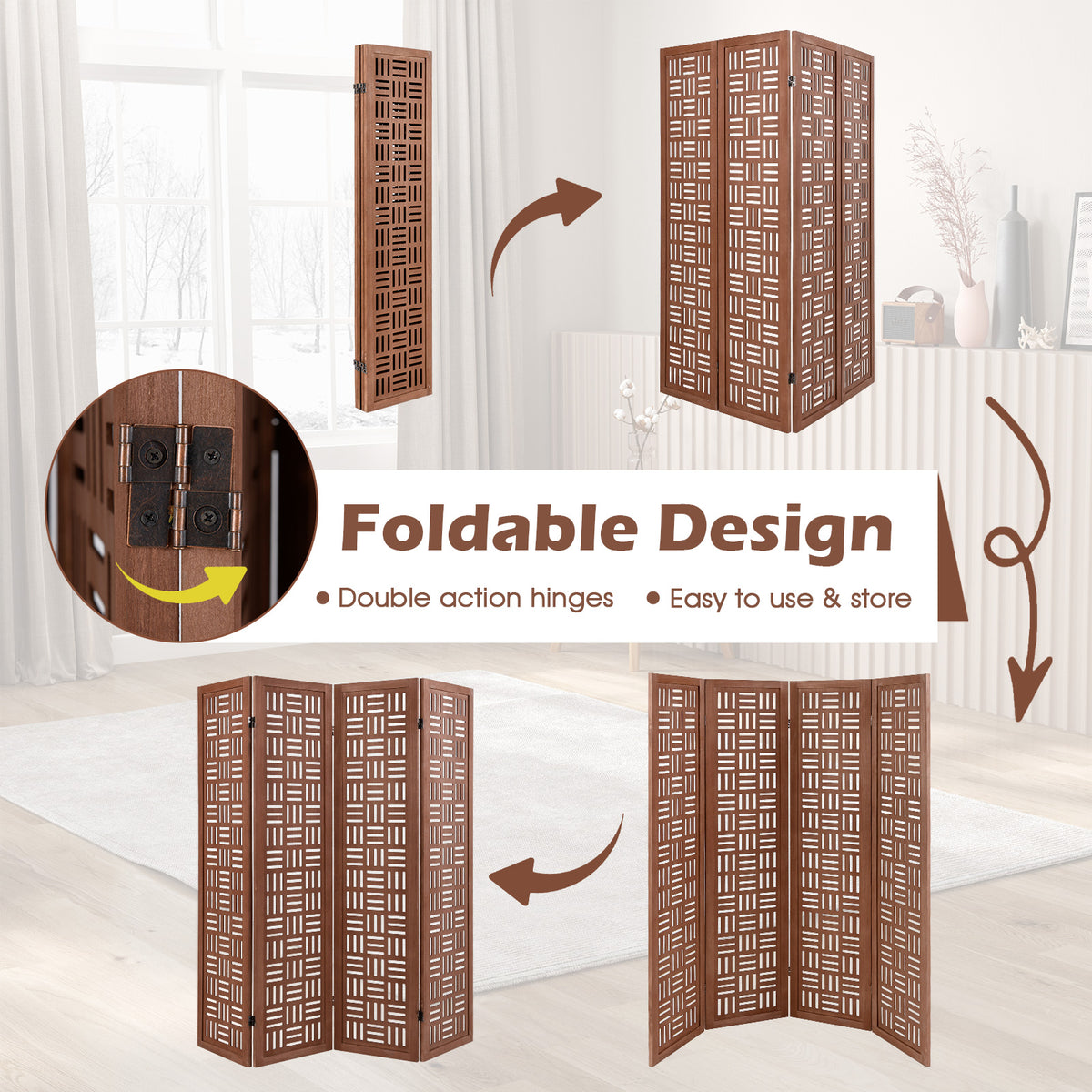 Solid Wood Room Divider - 4 Panel Folding Partition with Rustic Design - Variation of Solid Wood Room Divider, 4 Panel