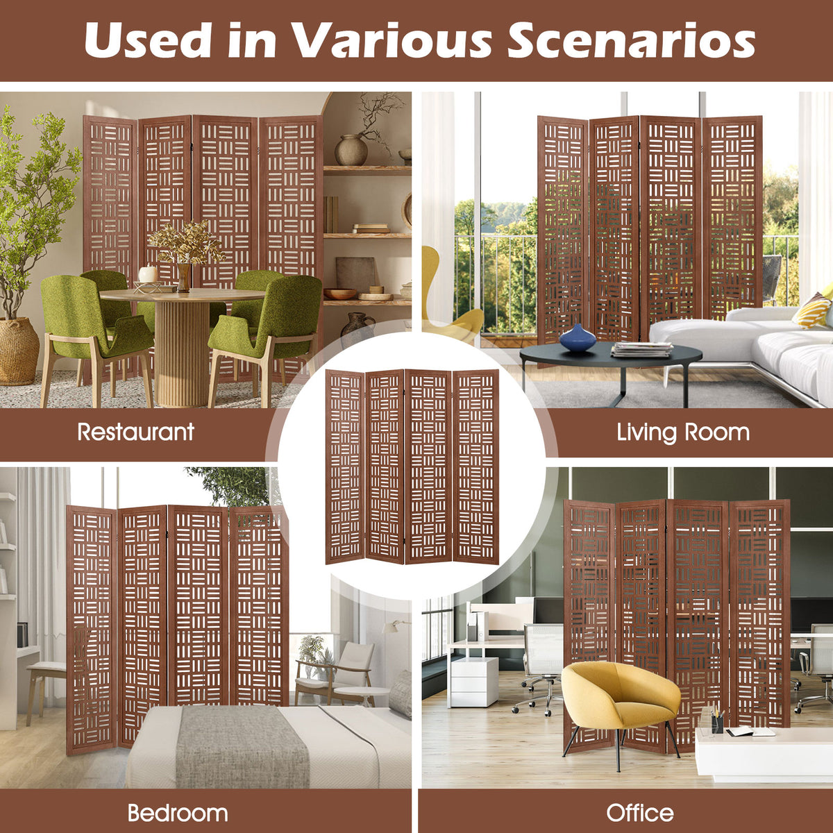 Solid Wood Room Divider - 4 Panel Folding Partition with Rustic Design - Variation of Solid Wood Room Divider, 4 Panel