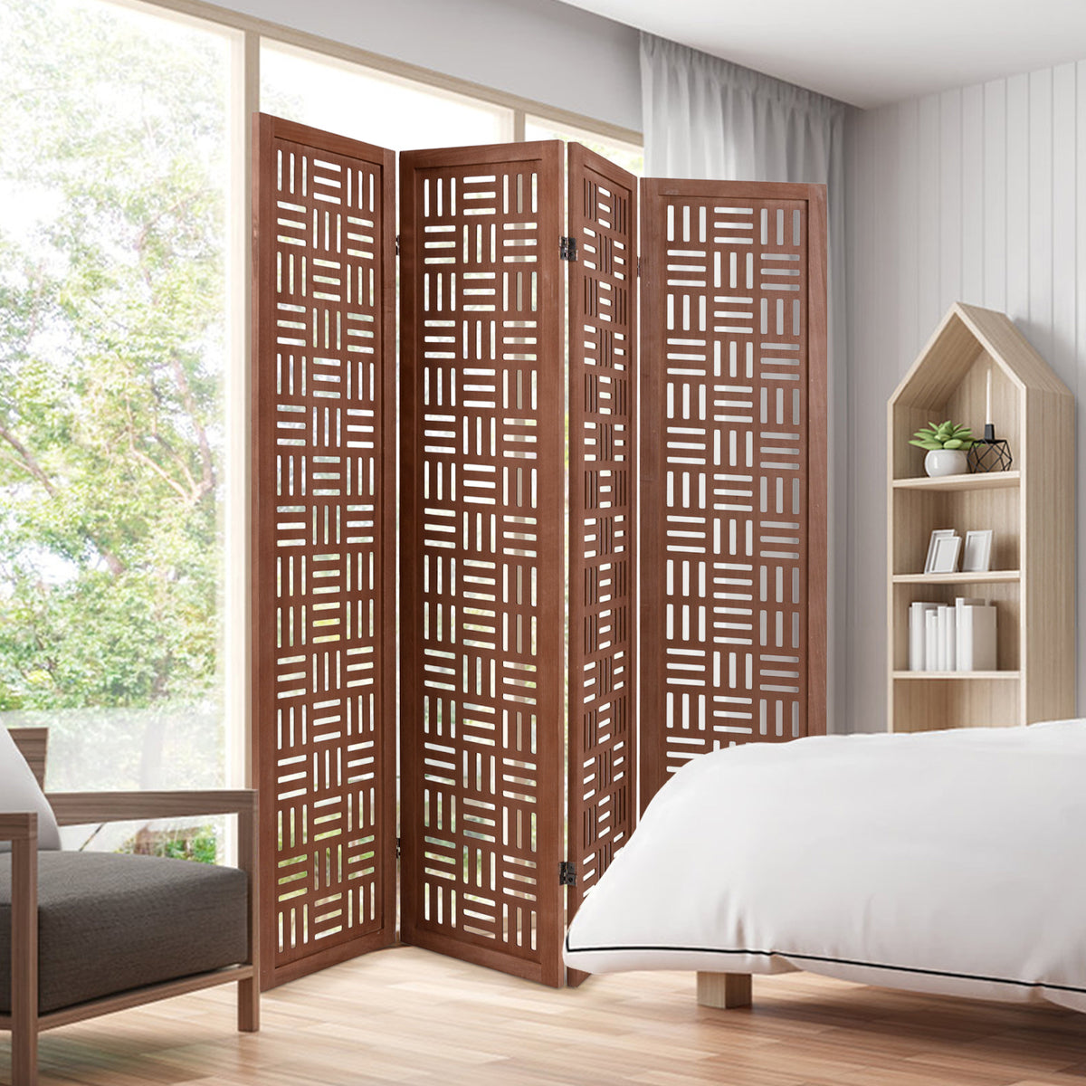 Solid Wood Room Divider - 4 Panel Folding Partition with Rustic Design - Variation of Solid Wood Room Divider, 4 Panel