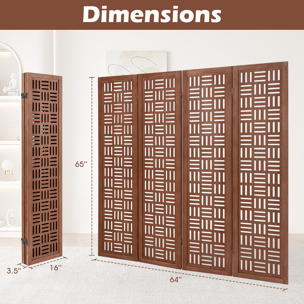 Solid Wood Room Divider - 4 Panel Folding Partition with Rustic Design - Variation of Solid Wood Room Divider, 4 Panel