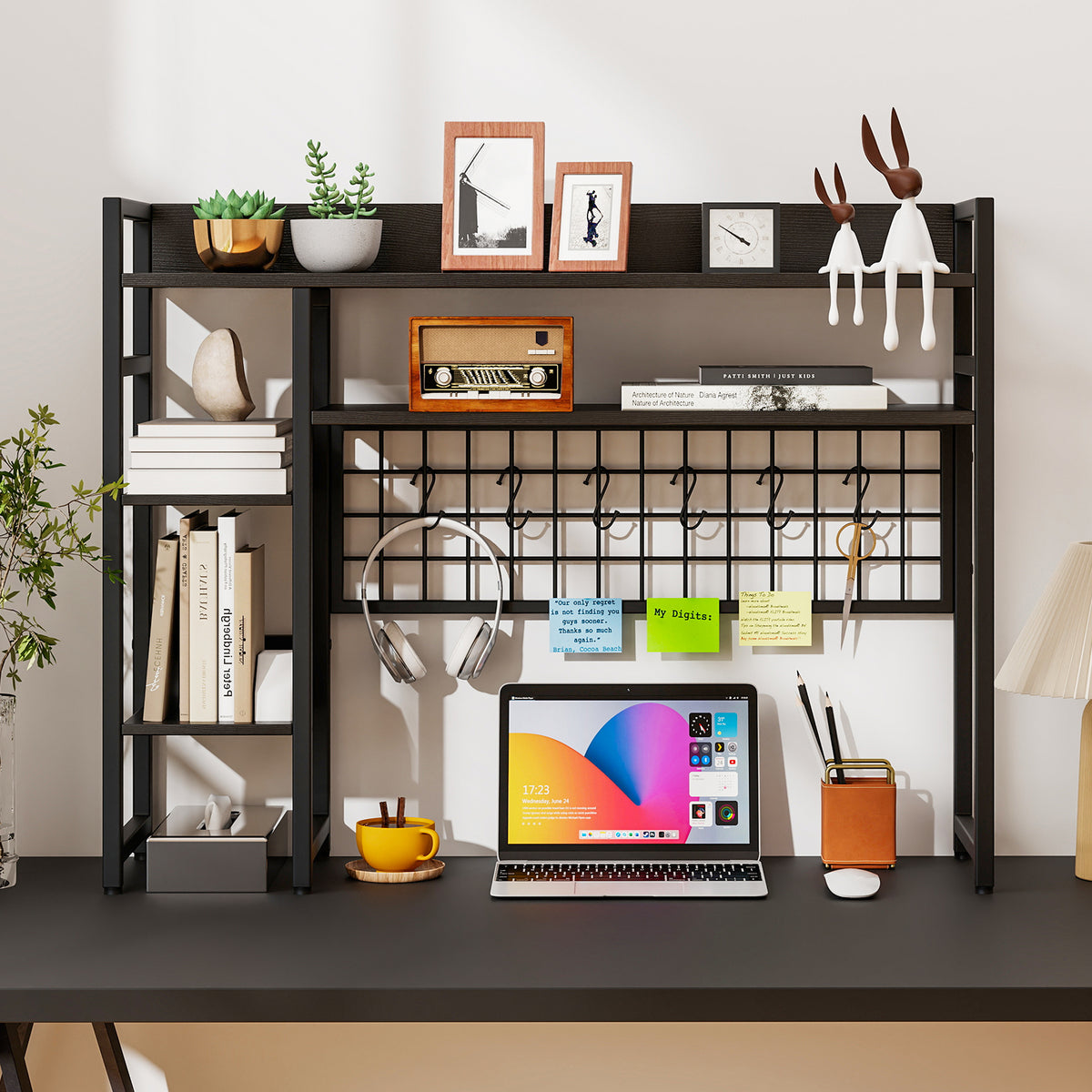 4-Tier Desk Shelf Desktop Display Rack with Metal Grid Panel and 6
