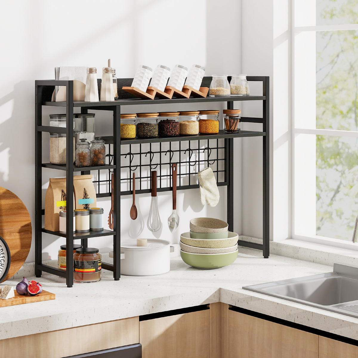 4-Tier Desk Shelf Desktop Display Rack with Metal Grid Panel and 6