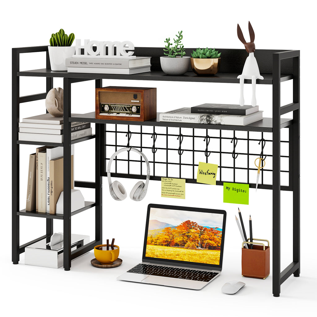 4-Tier Desk Shelf Desktop Display Rack with Metal Grid Panel and 6