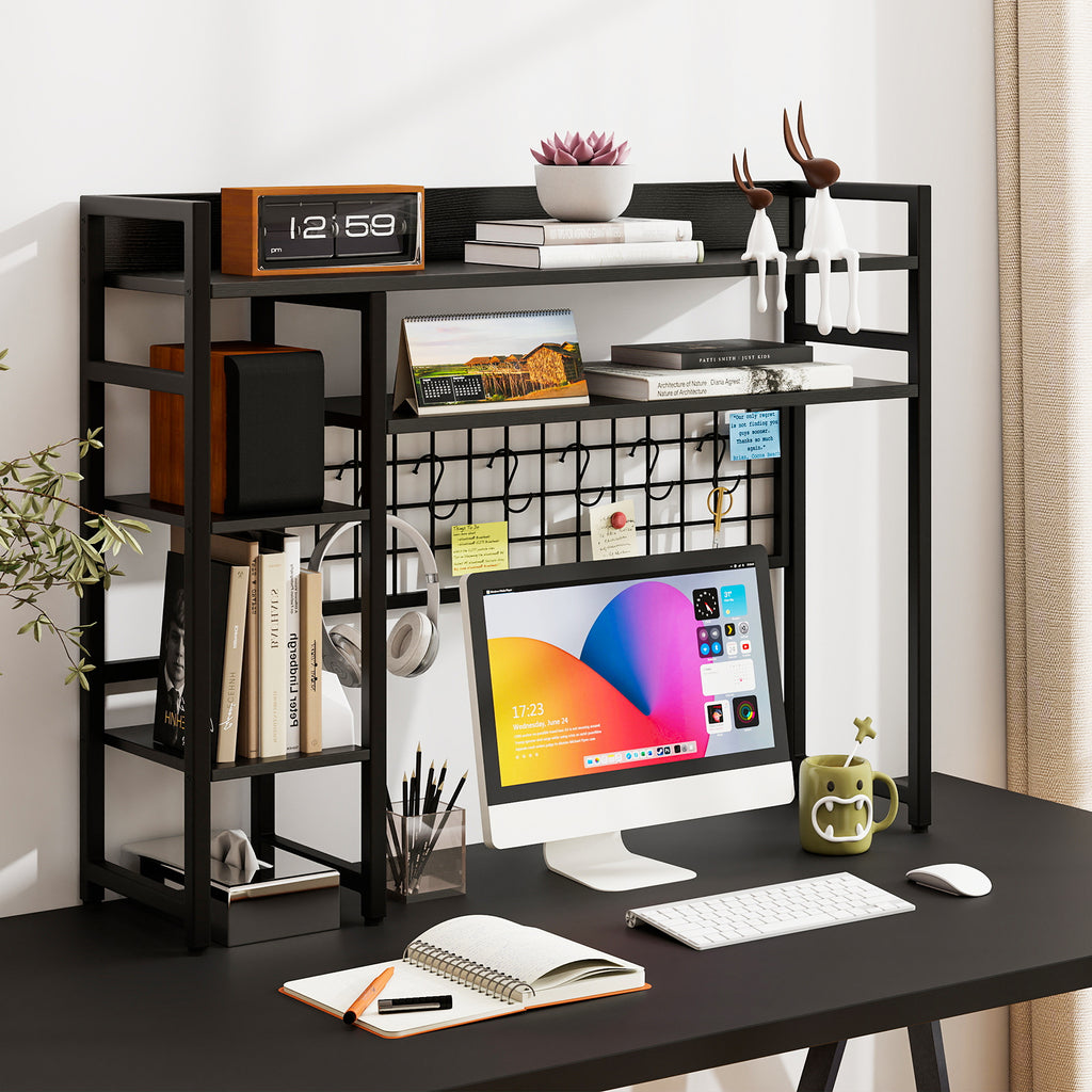 4-Tier Desk Shelf Desktop Display Rack with Metal Grid Panel and 6