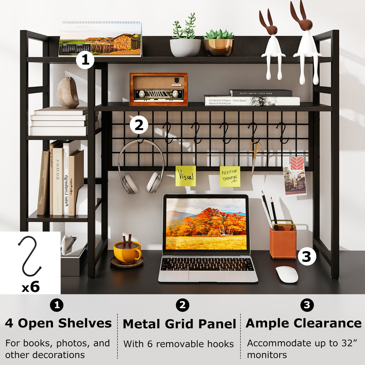 4-Tier Desk Shelf Desktop Display Rack with Metal Grid Panel and 6