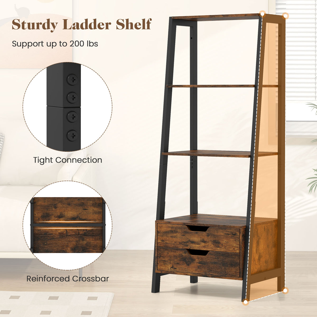4-Tier Ladder Shelf with 2 Drawers 52.5 Inch Tall Freestanding