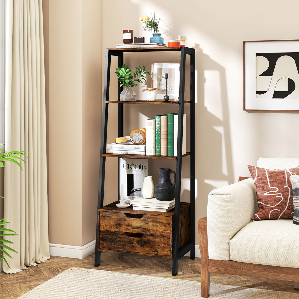 4-Tier Ladder Shelf with 2 Drawers 52.5 Inch Tall Freestanding