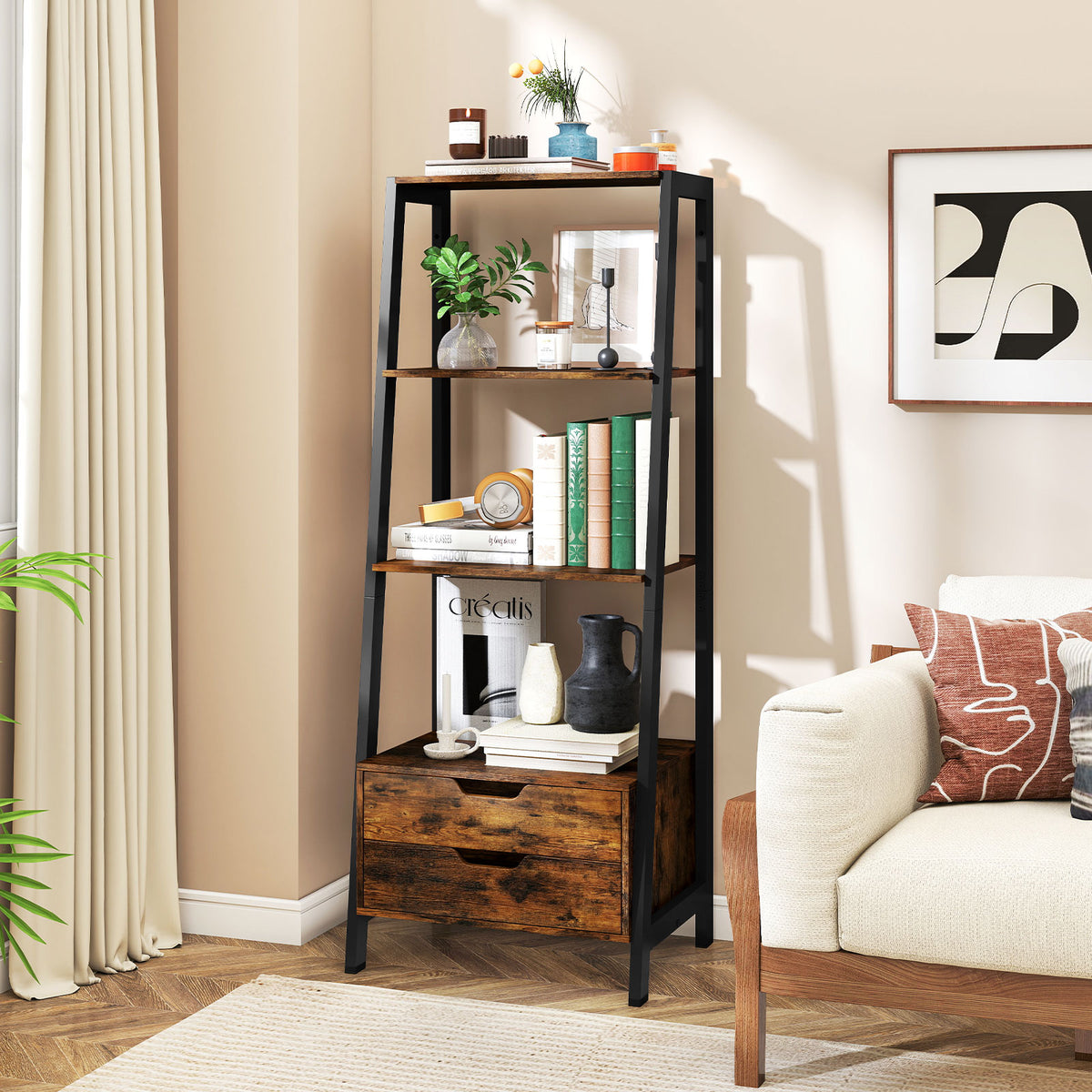 4-Tier Ladder Shelf with 2 Drawers 52.5 Inch Tall Freestanding