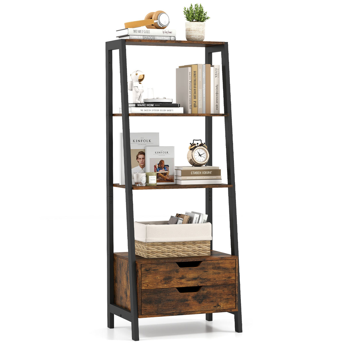4-Tier Ladder Shelf with 2 Drawers 52.5 Inch Tall Freestanding