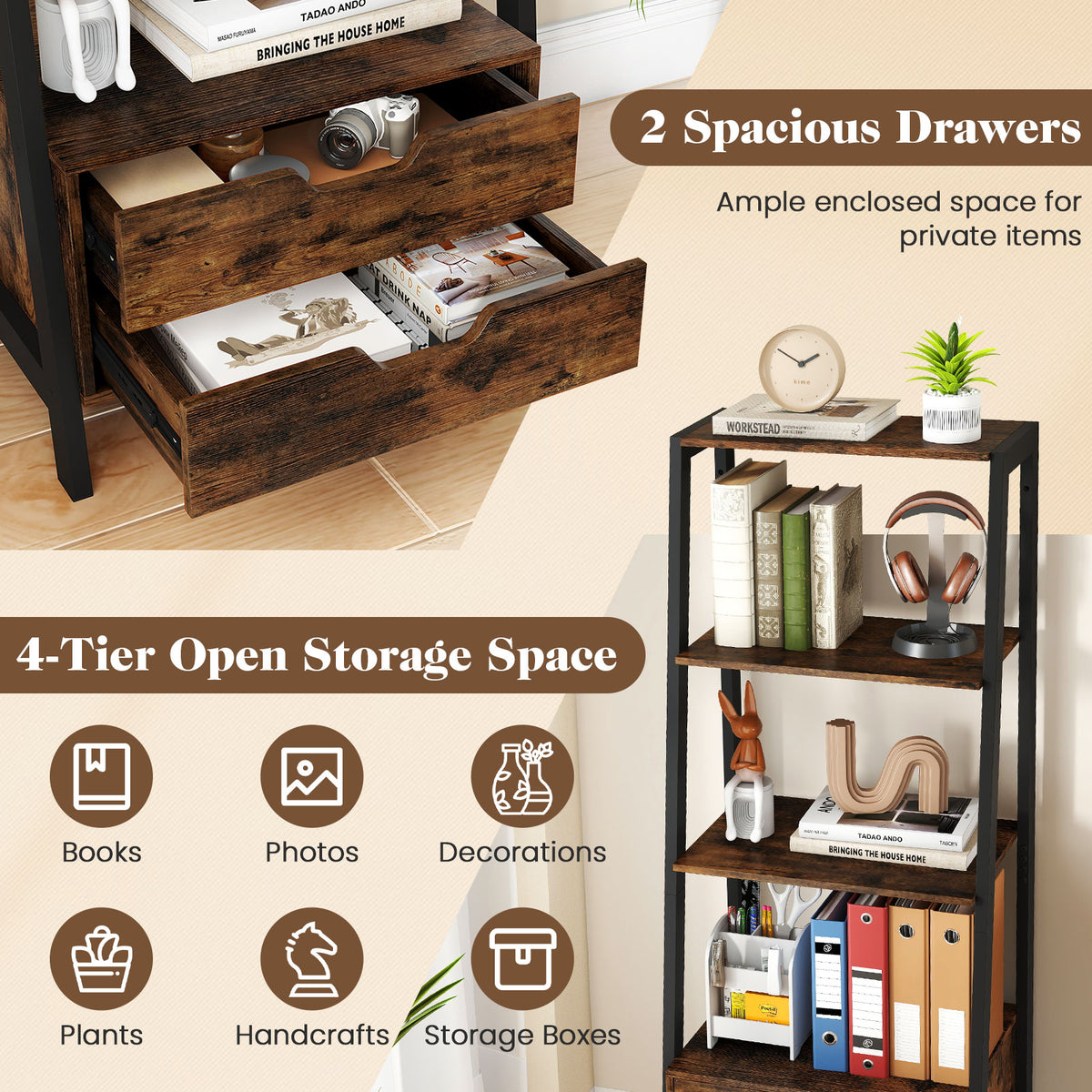 4-Tier Ladder Shelf with 2 Drawers 52.5 Inch Tall Freestanding