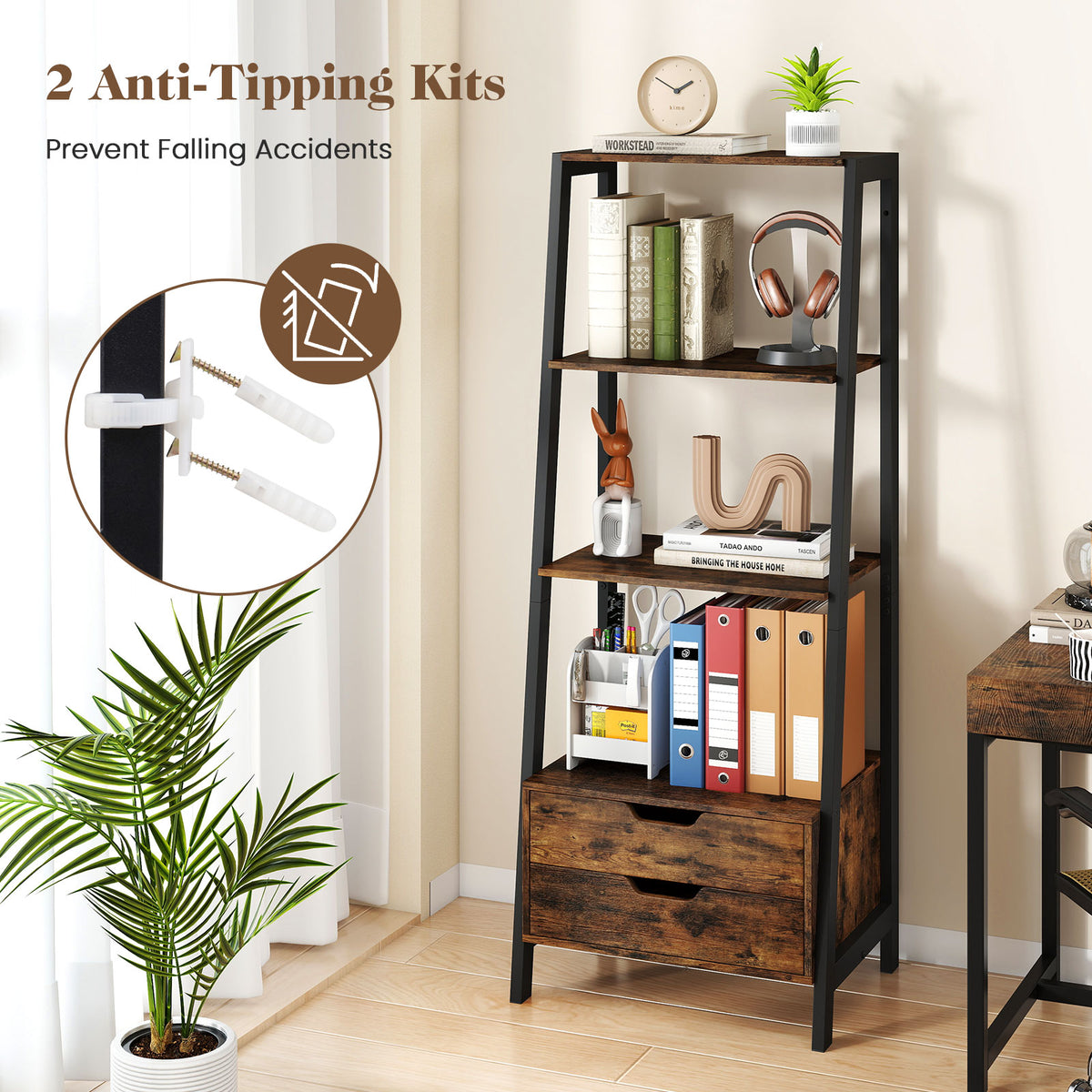 4-Tier Ladder Shelf with 2 Drawers 52.5 Inch Tall Freestanding