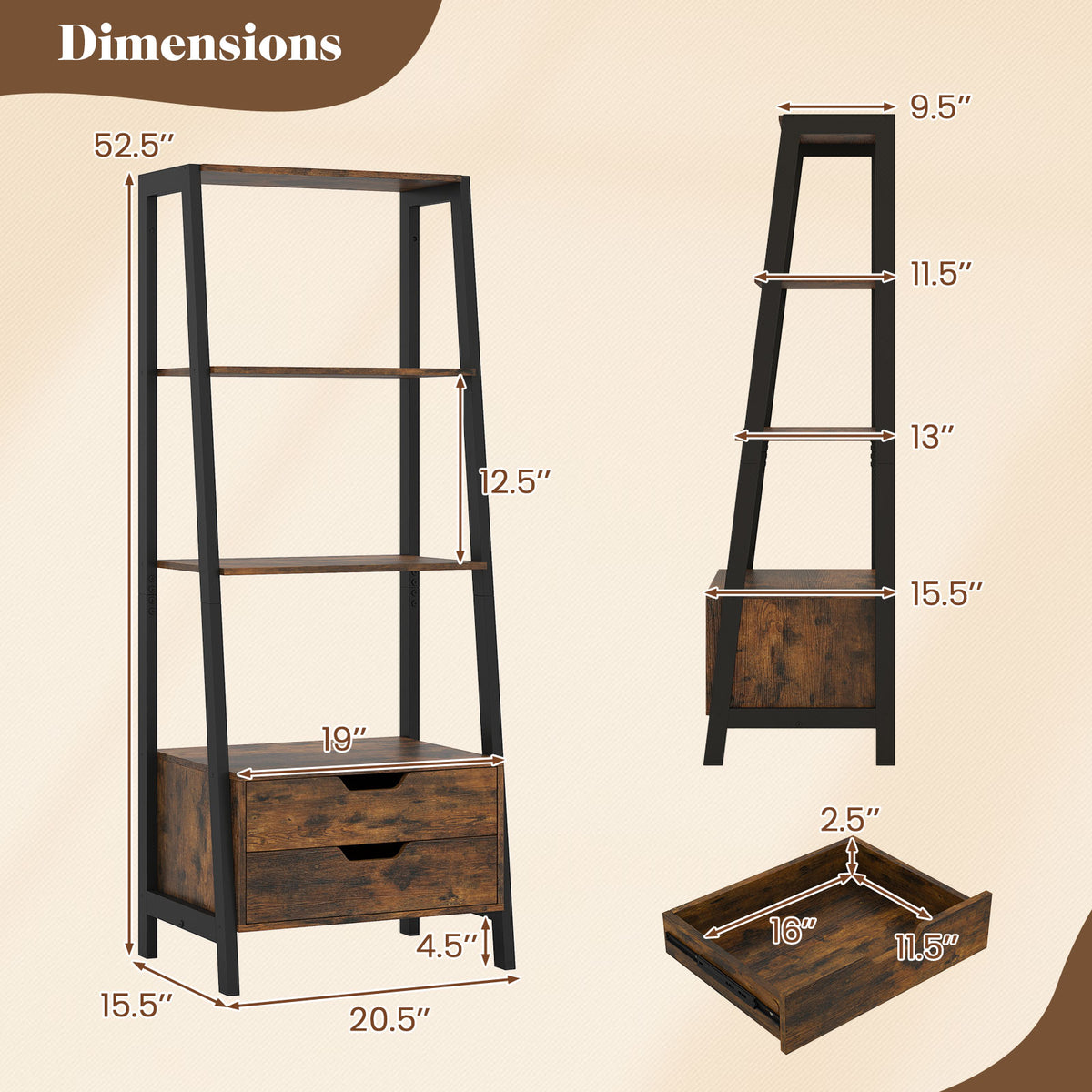 4-Tier Ladder Shelf with 2 Drawers 52.5 Inch Tall Freestanding