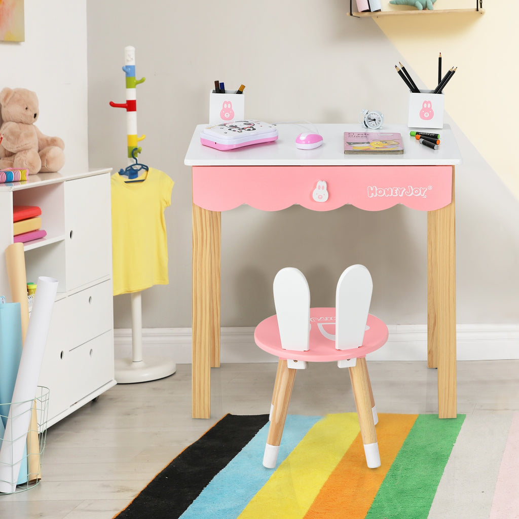 Kids Rabbit Vanity Table Chair Set with Mirror & Drawer - White