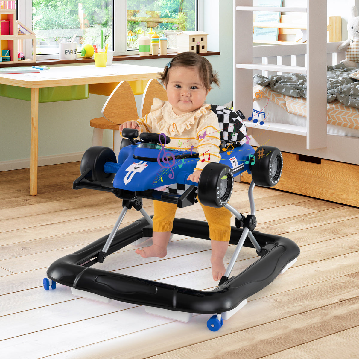 4-in-1 Baby Push Walker Activity Center - Height Adjustable with Music, Blue - Costway