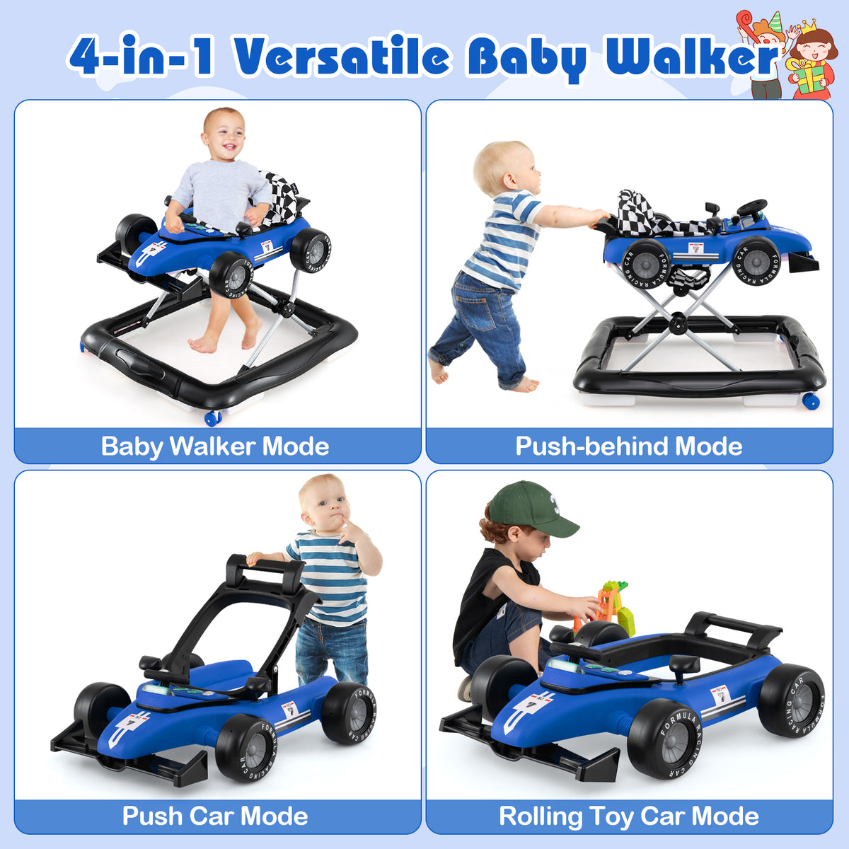4-in-1 Baby Push Walker Activity Center - Height Adjustable with Music, Blue - Costway