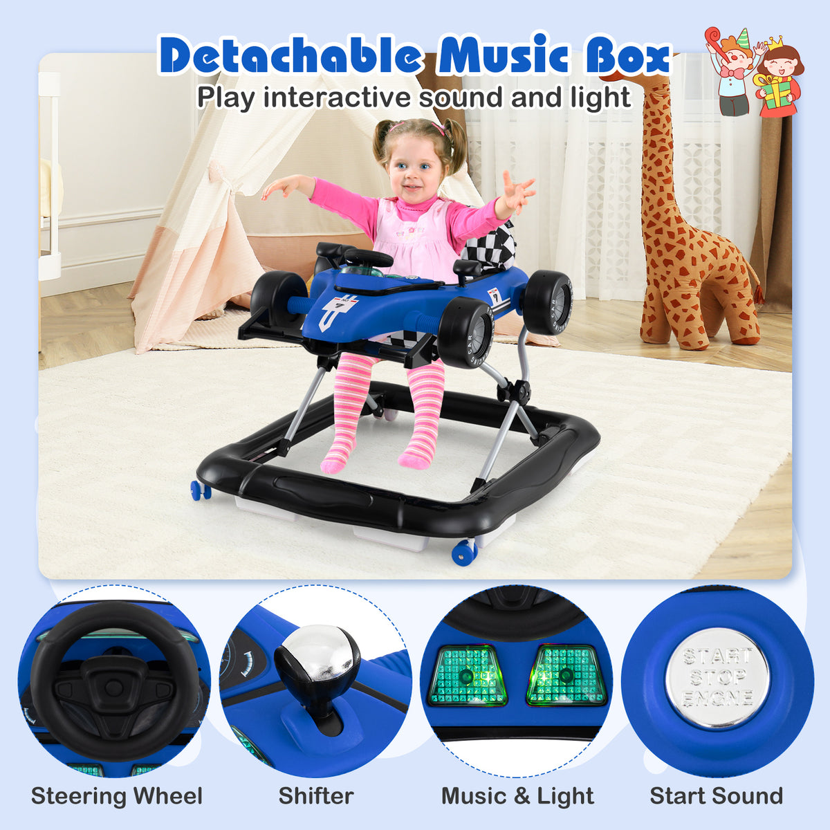 4-in-1 Baby Push Walker Activity Center - Height Adjustable with Music, Blue - Costway