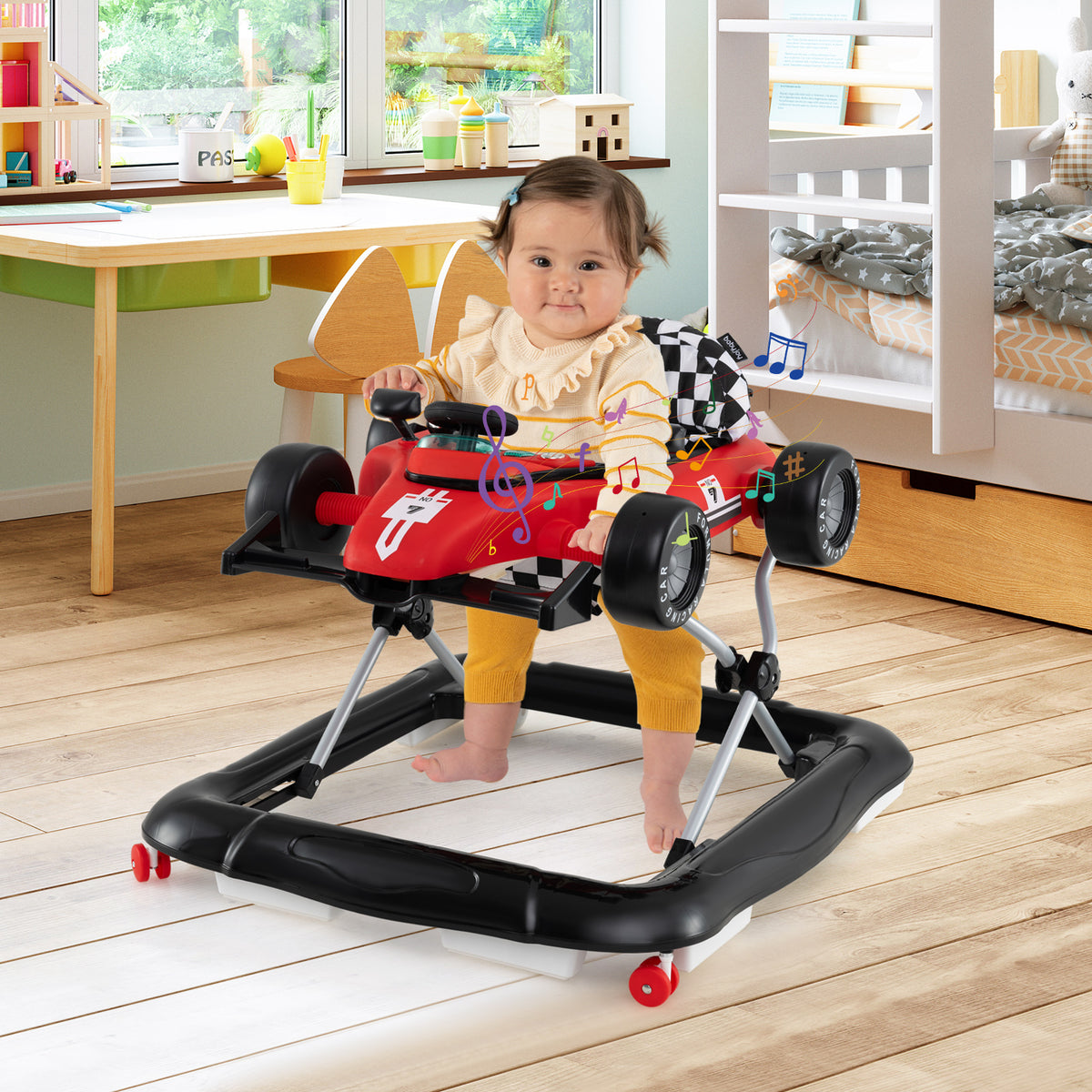 4-in-1 Baby Push Walker Activity Center with Music, Height Adjustable - Red, Costway