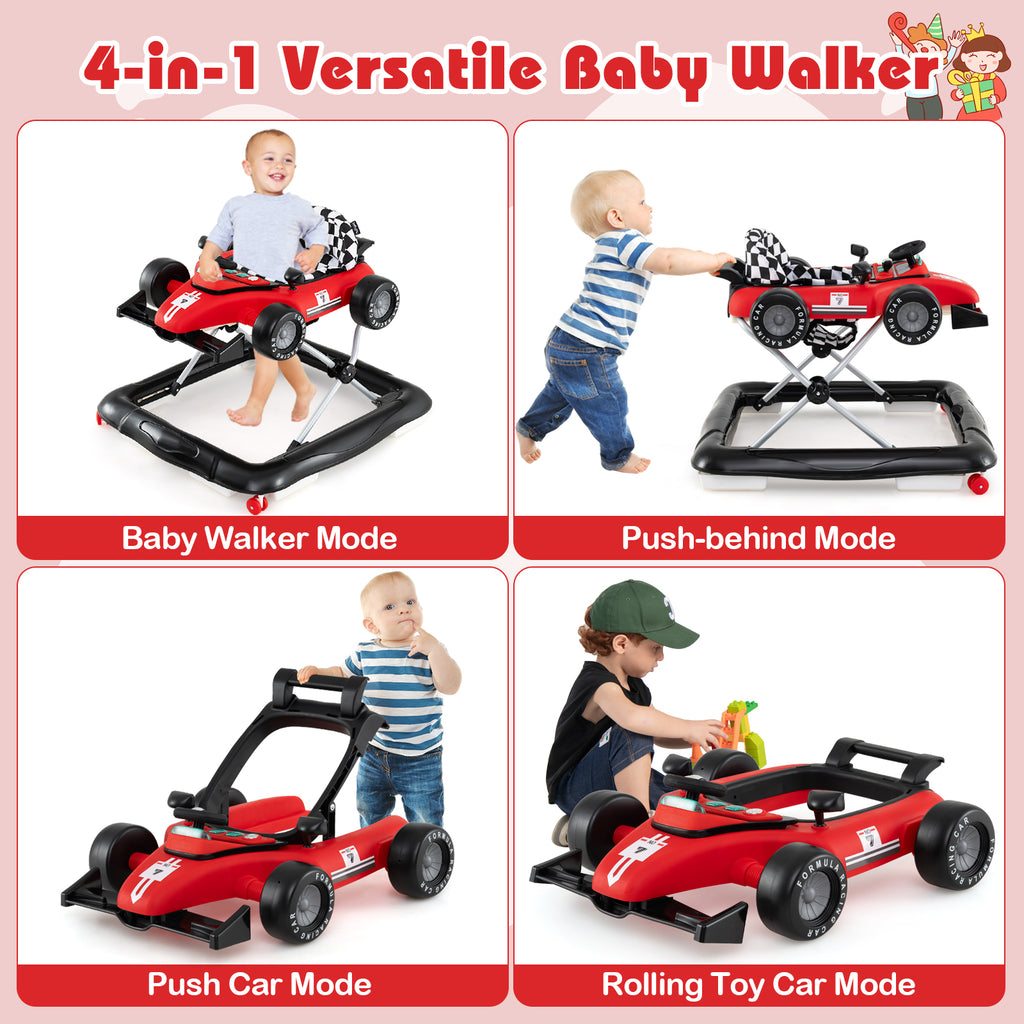 4-in-1 Baby Push Walker Activity Center with Music, Height Adjustable - Red, Costway