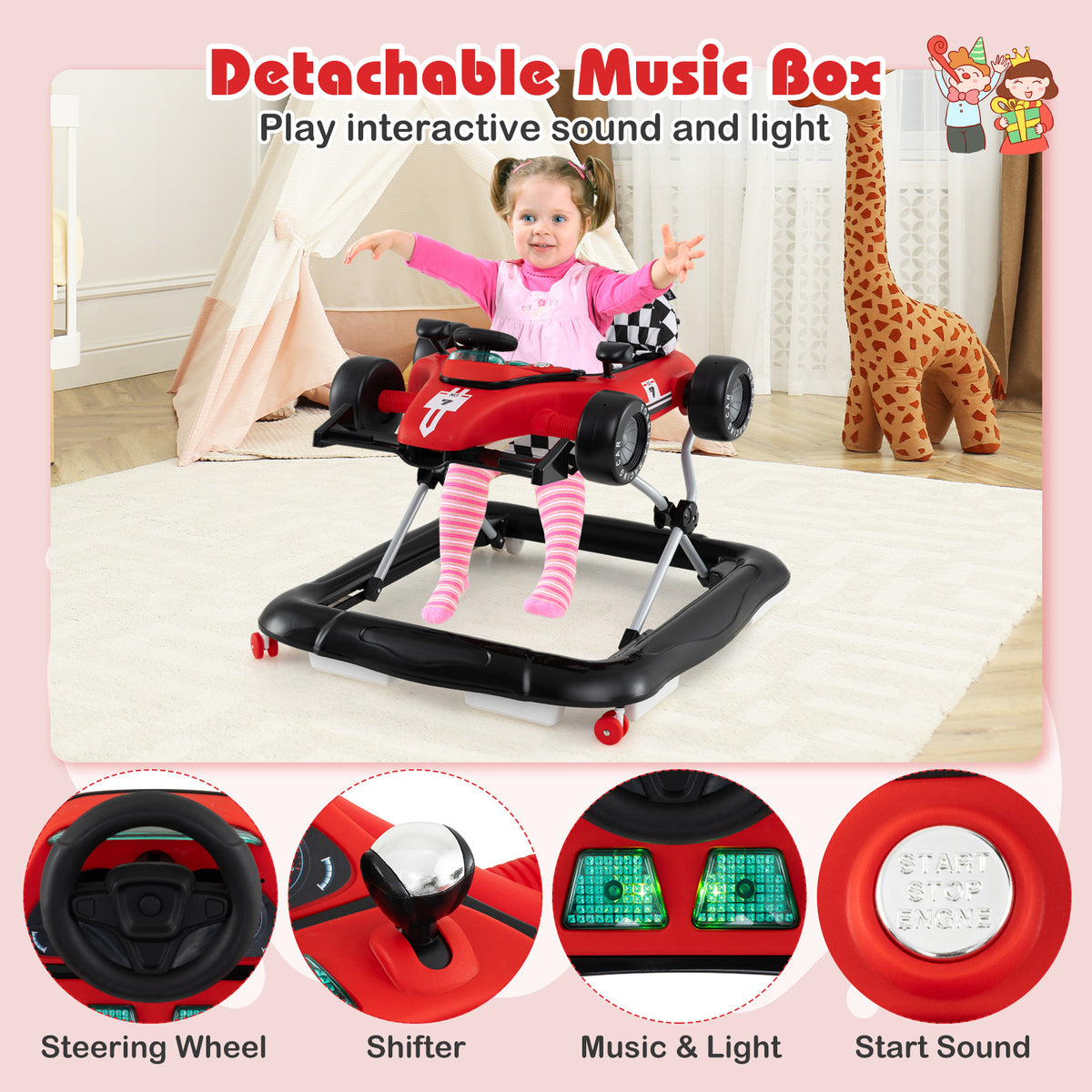 4-in-1 Baby Push Walker Activity Center with Music, Height Adjustable - Red, Costway