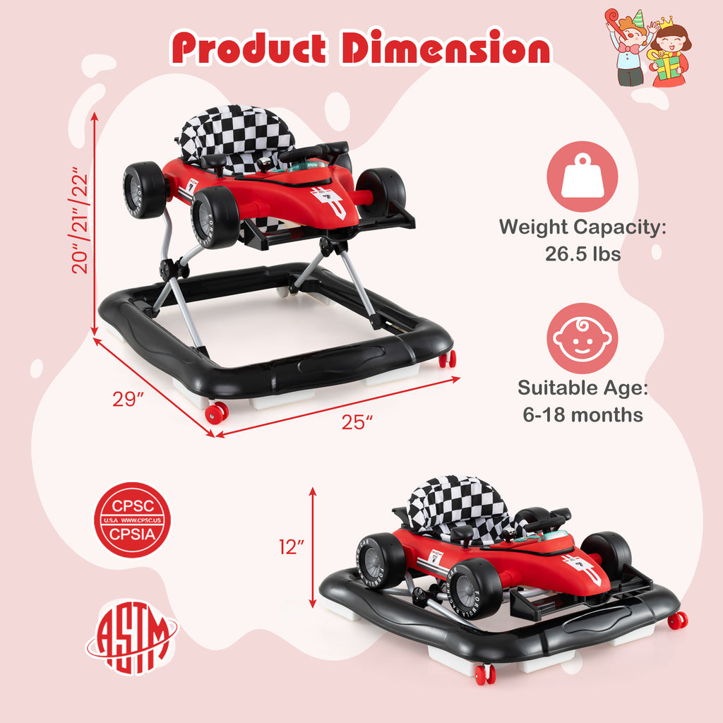 4-in-1 Baby Push Walker Activity Center with Music, Height Adjustable - Red, Costway